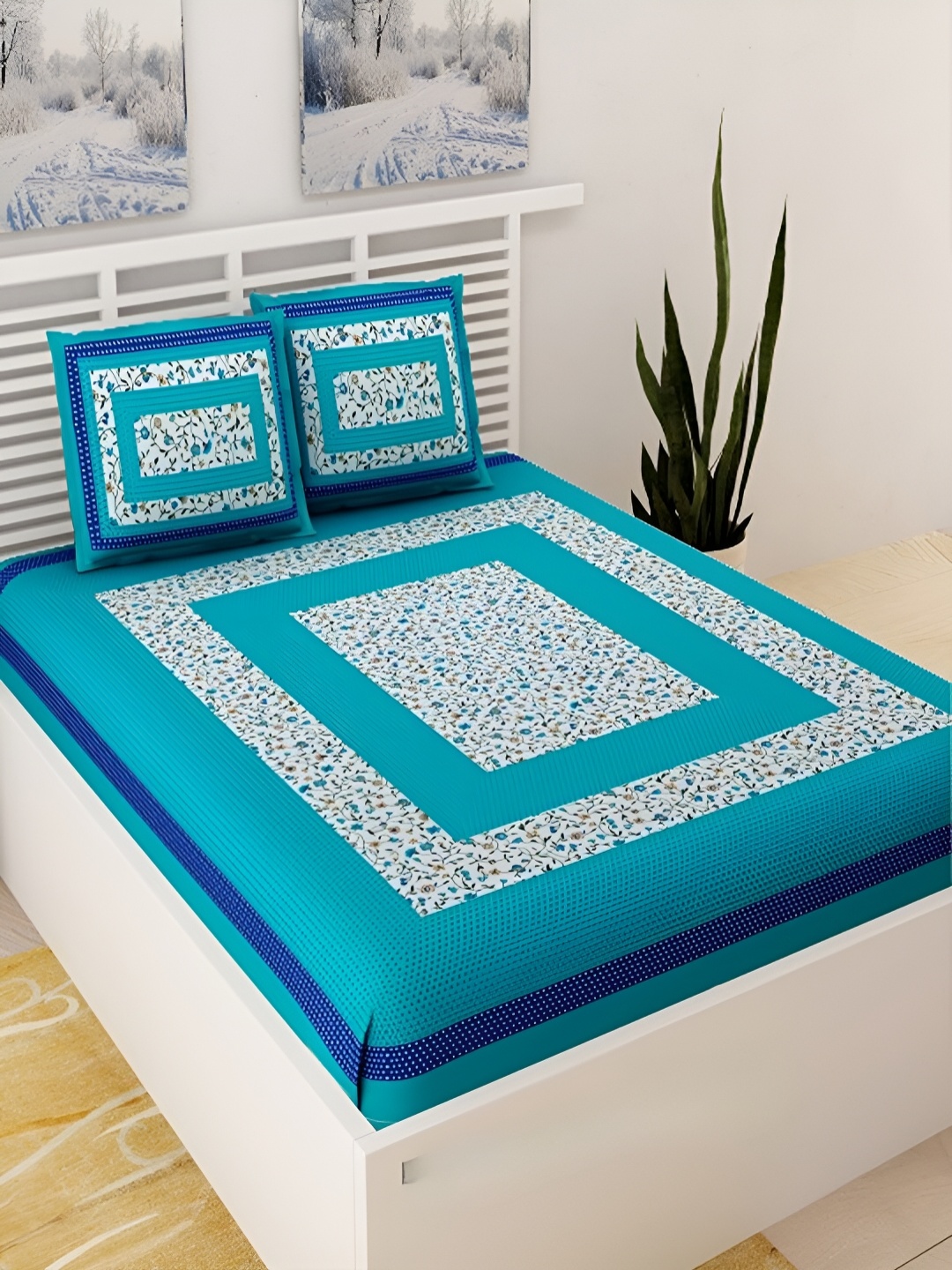 

Aura Turquoise Blue Floral Cotton 120 TC Queen Double Bedsheet With 2 Pillow Covers