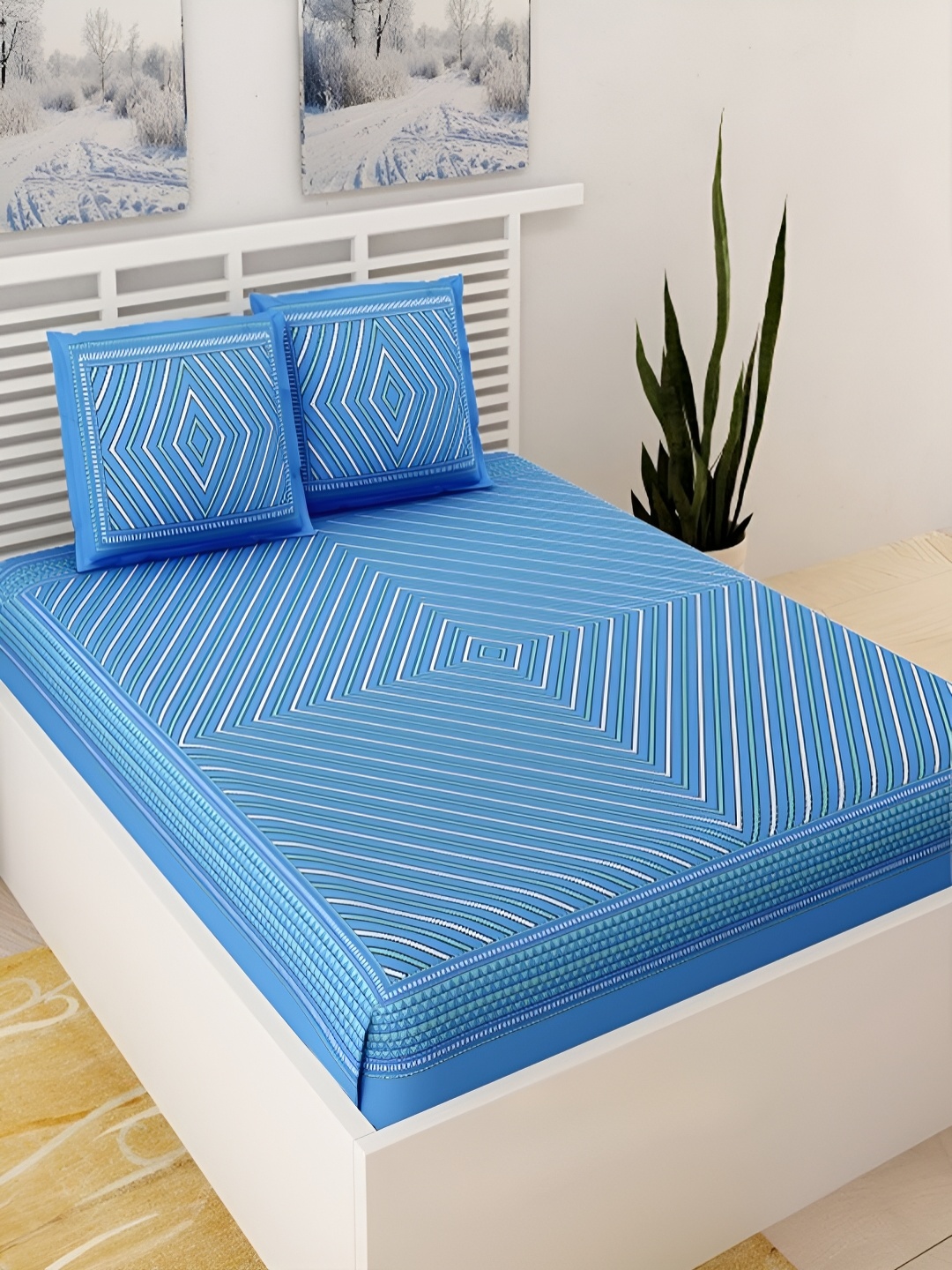 

Aura Blue & White Geometric Cotton 120 TC Queen Bedsheet with 2 Pillow Covers