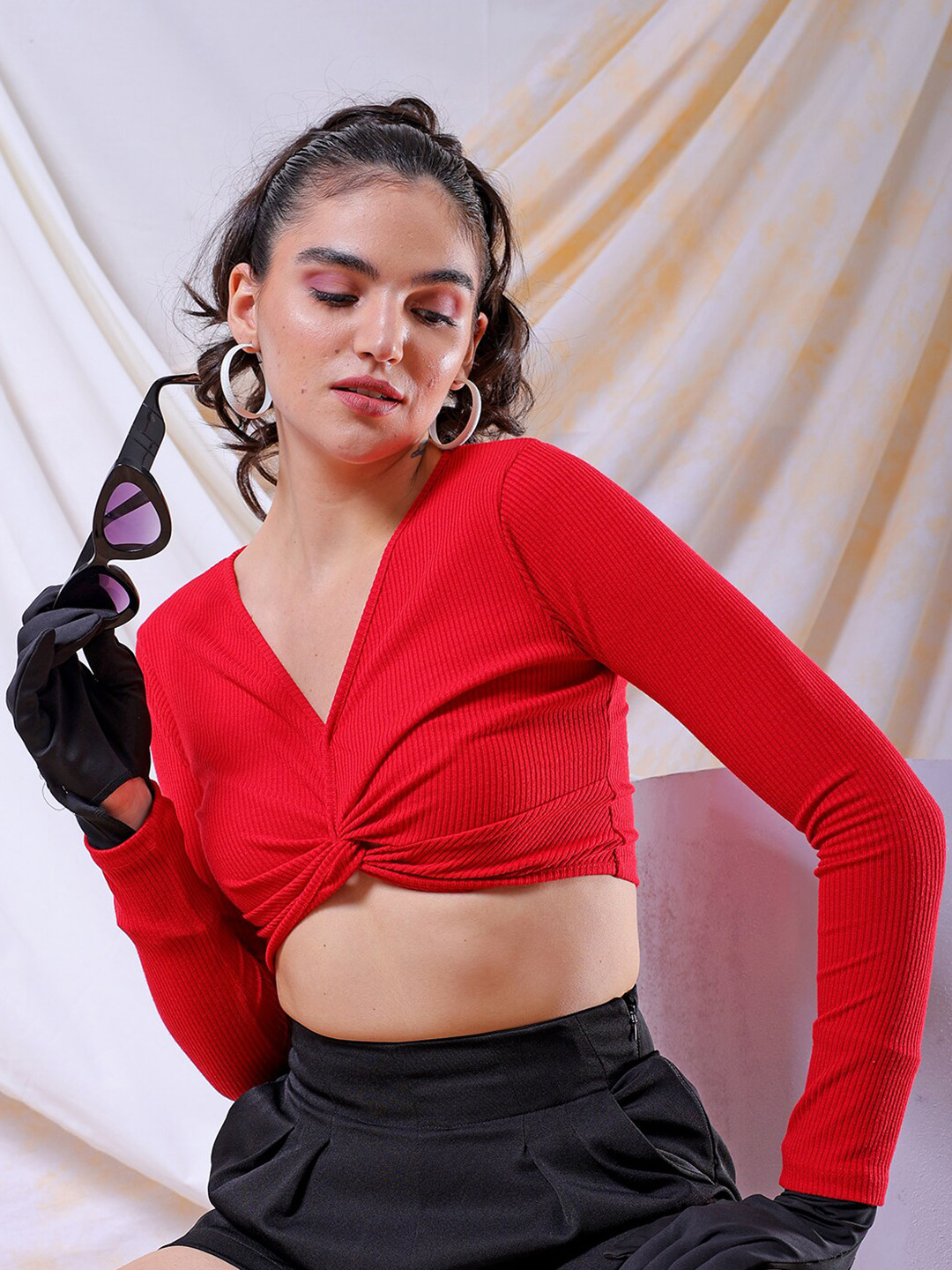 

Freehand by The Indian Garage Women Red Fitted Solid V-Neck Regular Top