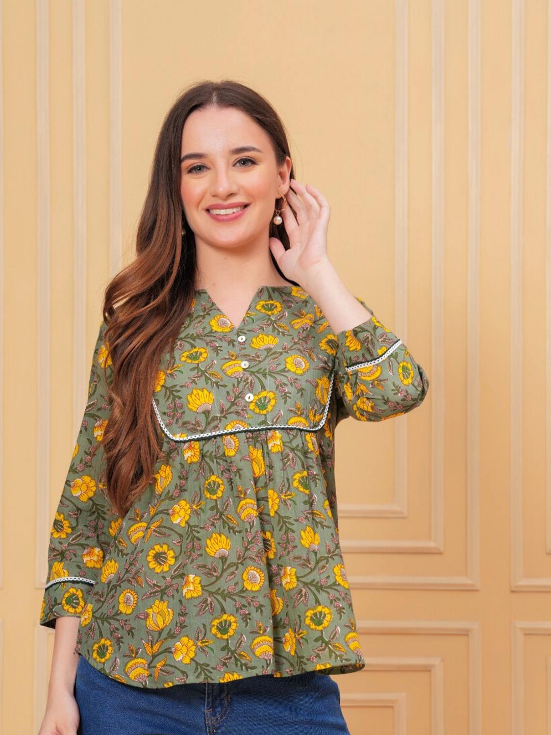 

KALINI Floral Print Cotton Empire Top, Green