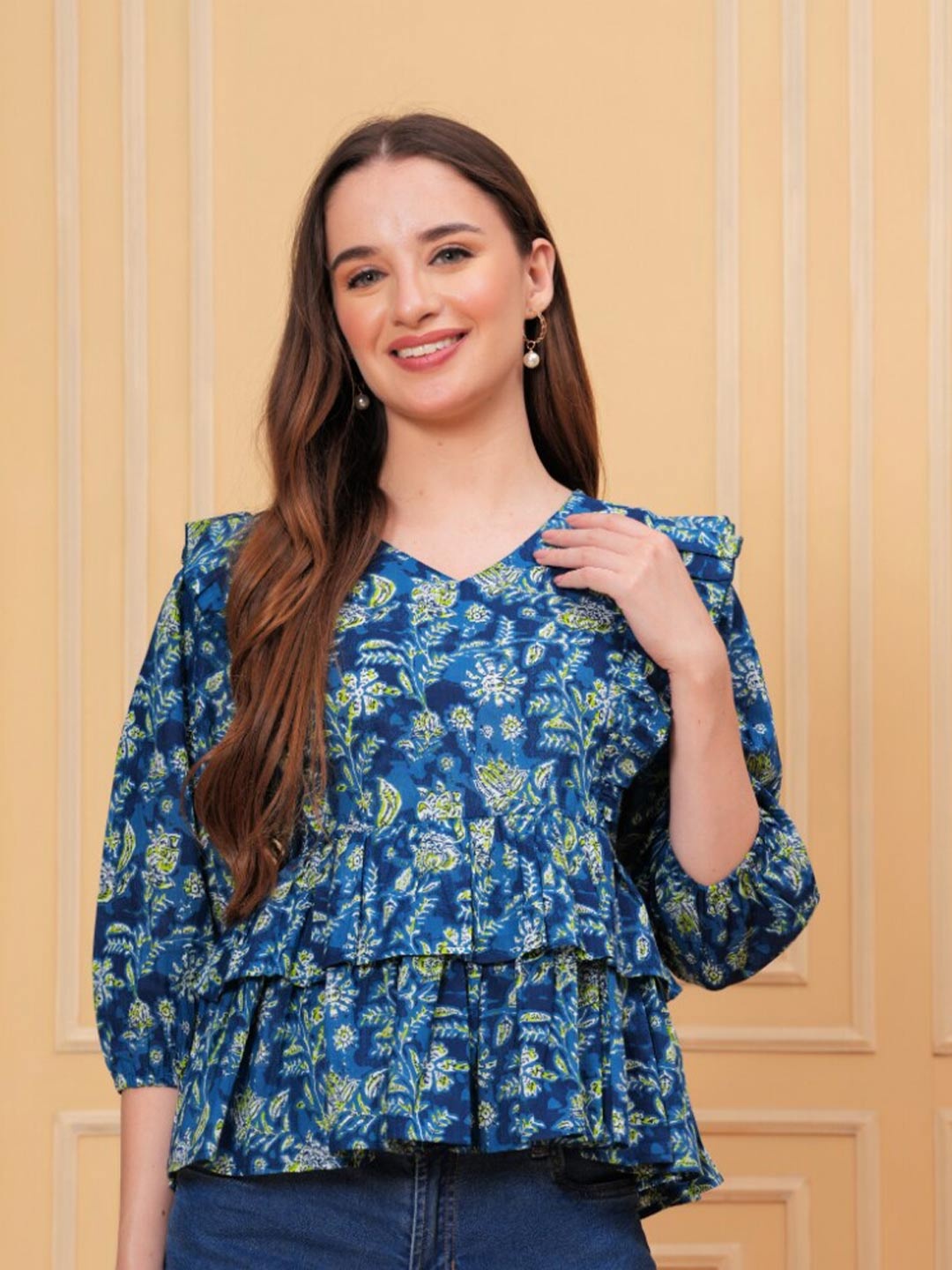 

KALINI Floral Print Cotton Peplum Top, Blue