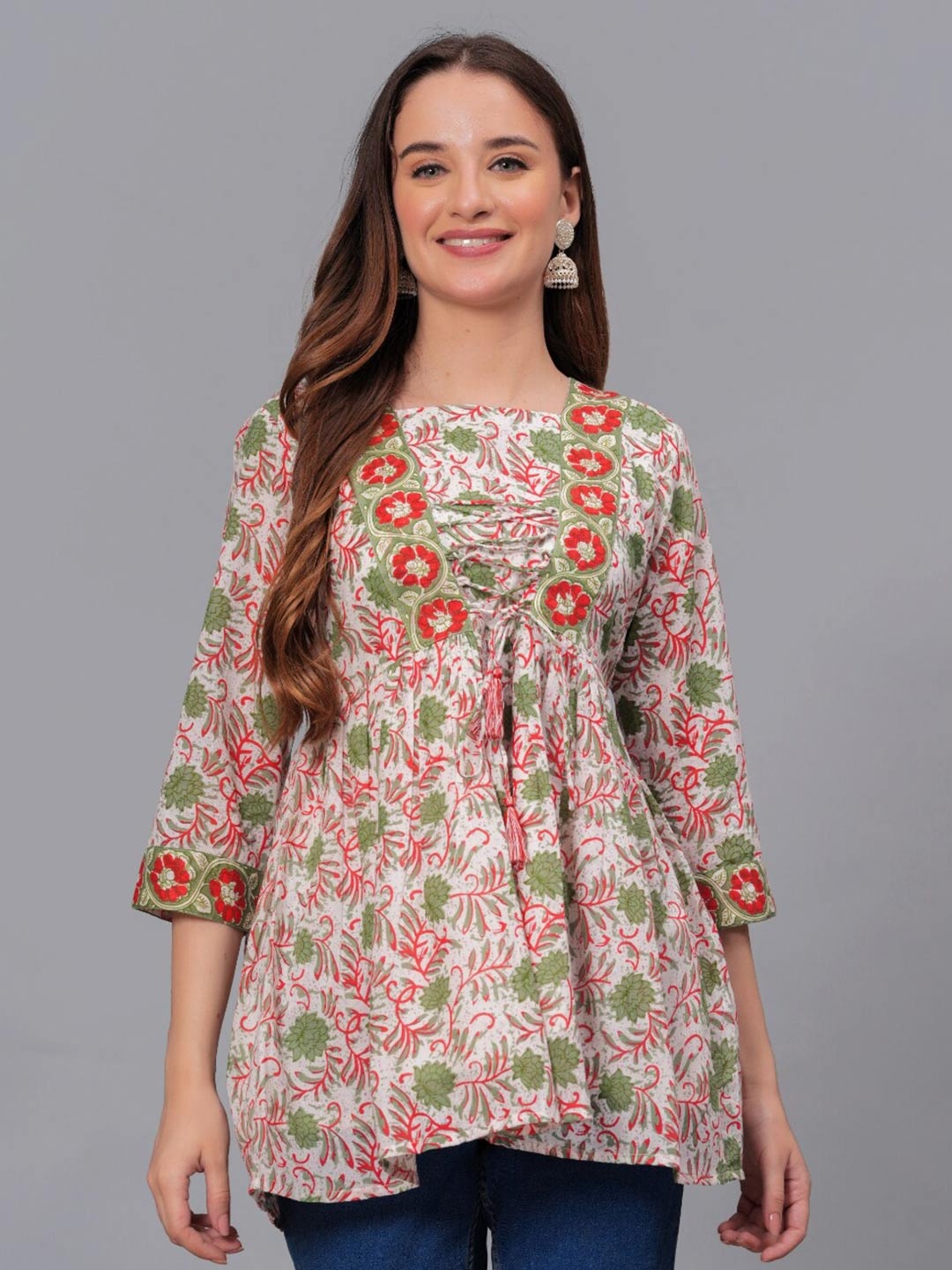 

KALINI Floral Print Cotton Kurti, Blue