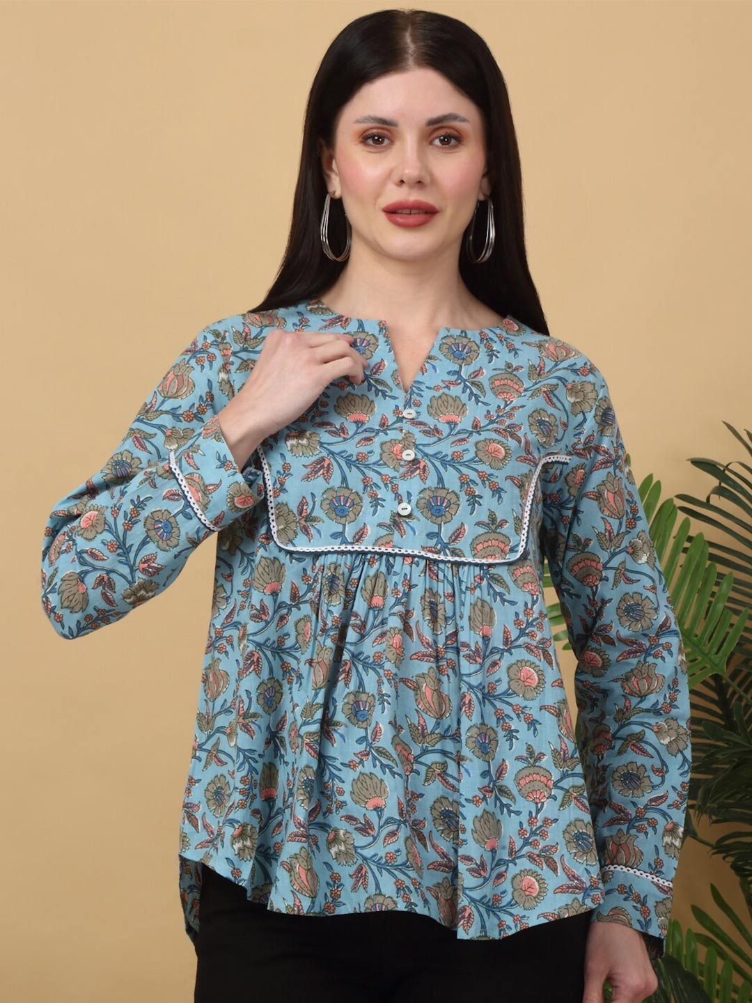 

KALINI Floral Print Cotton Empire Top, Green