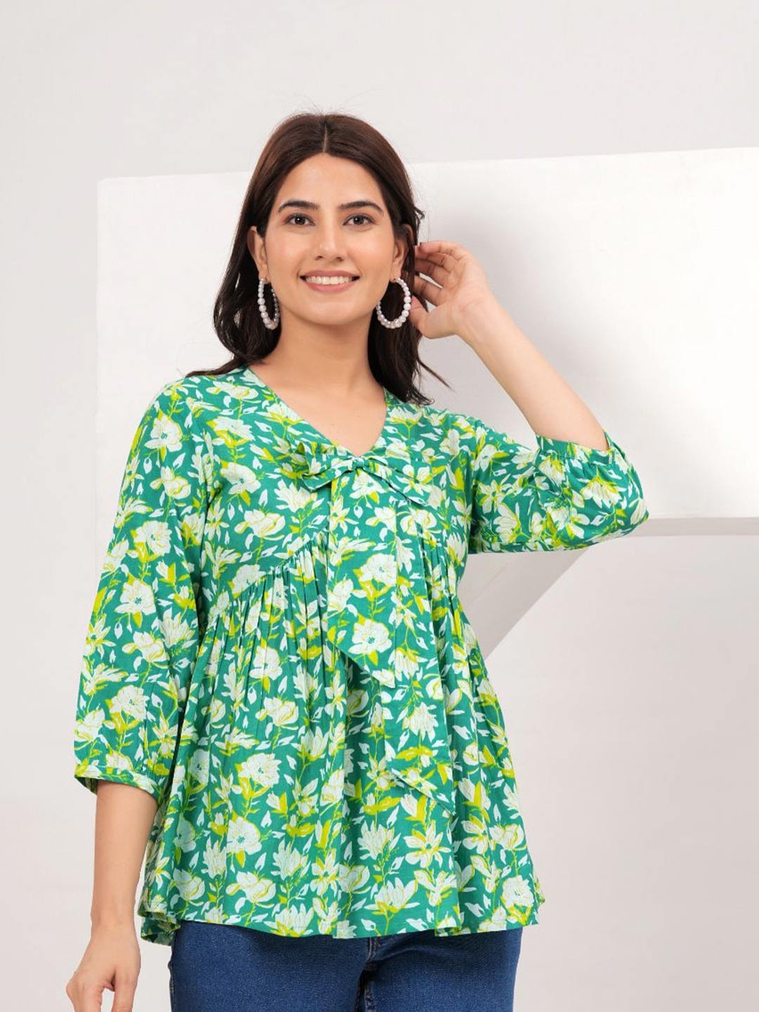 

KALINI Floral Print Tie-Up Neck Cotton Top, Green