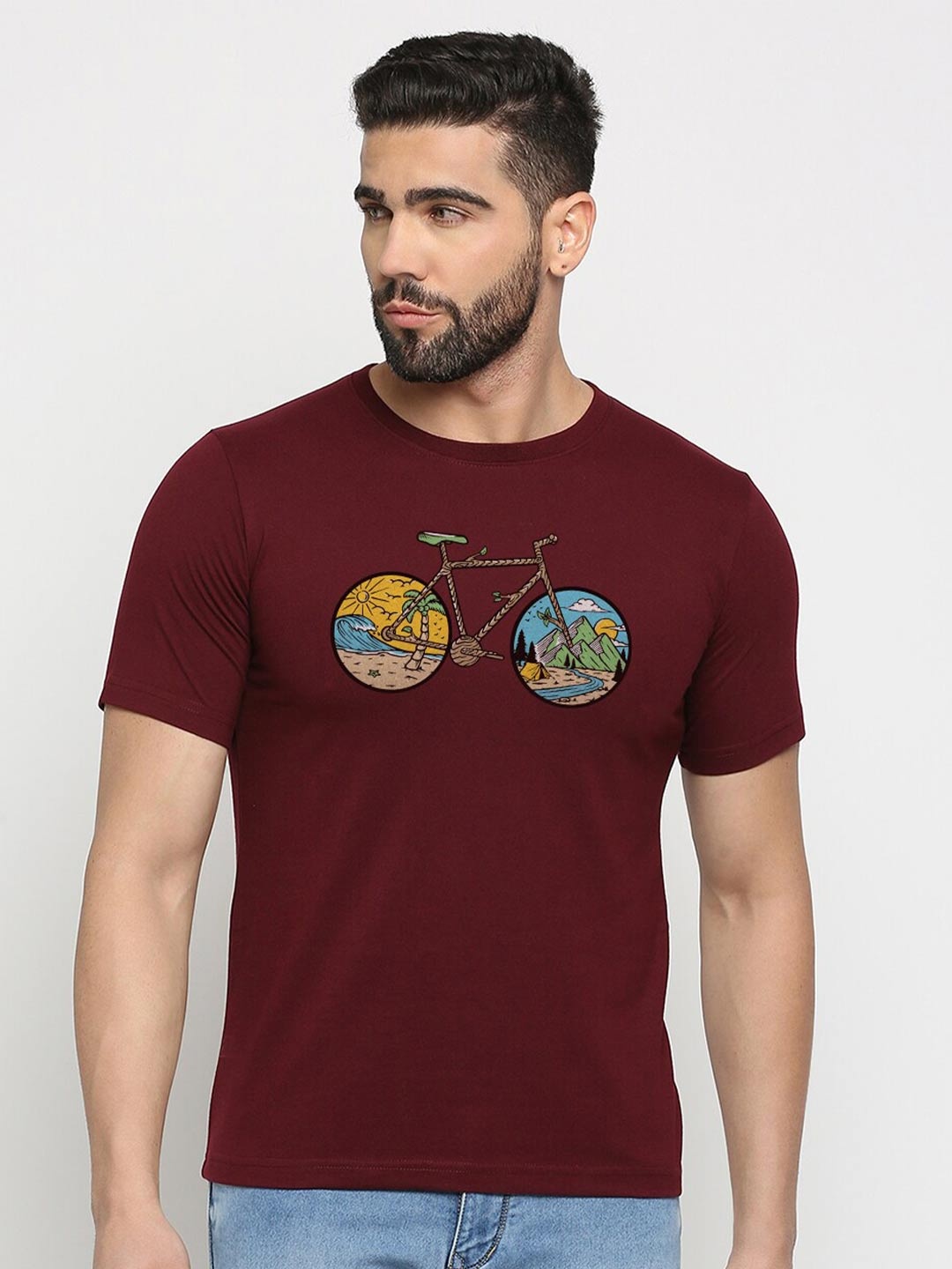 

MOD ECRU Round Neck Printed Cotton T-shirt, Maroon