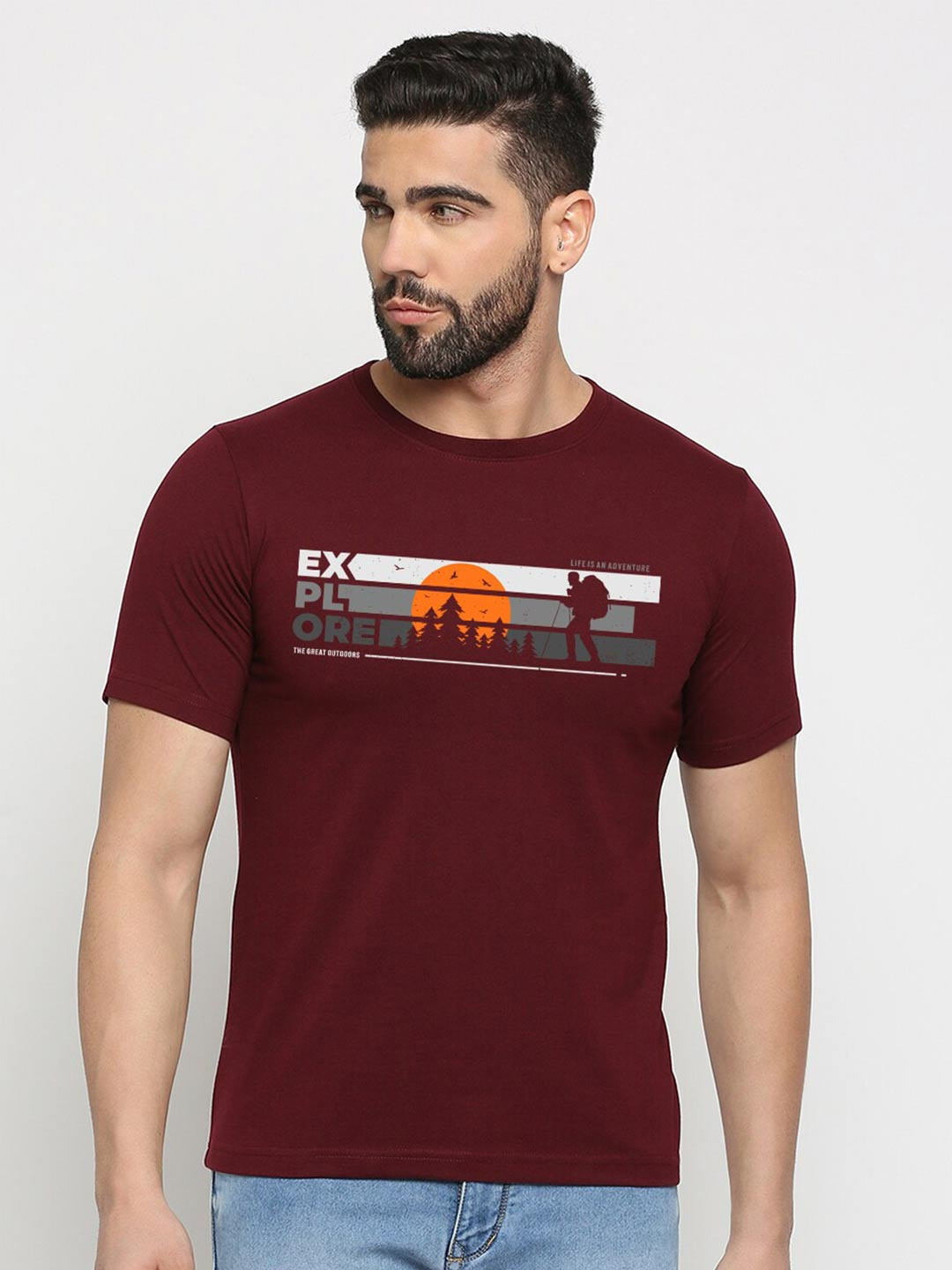 

MOD ECRU Unisex Graphic Printed Round Neck Cotton T-shirt, Maroon