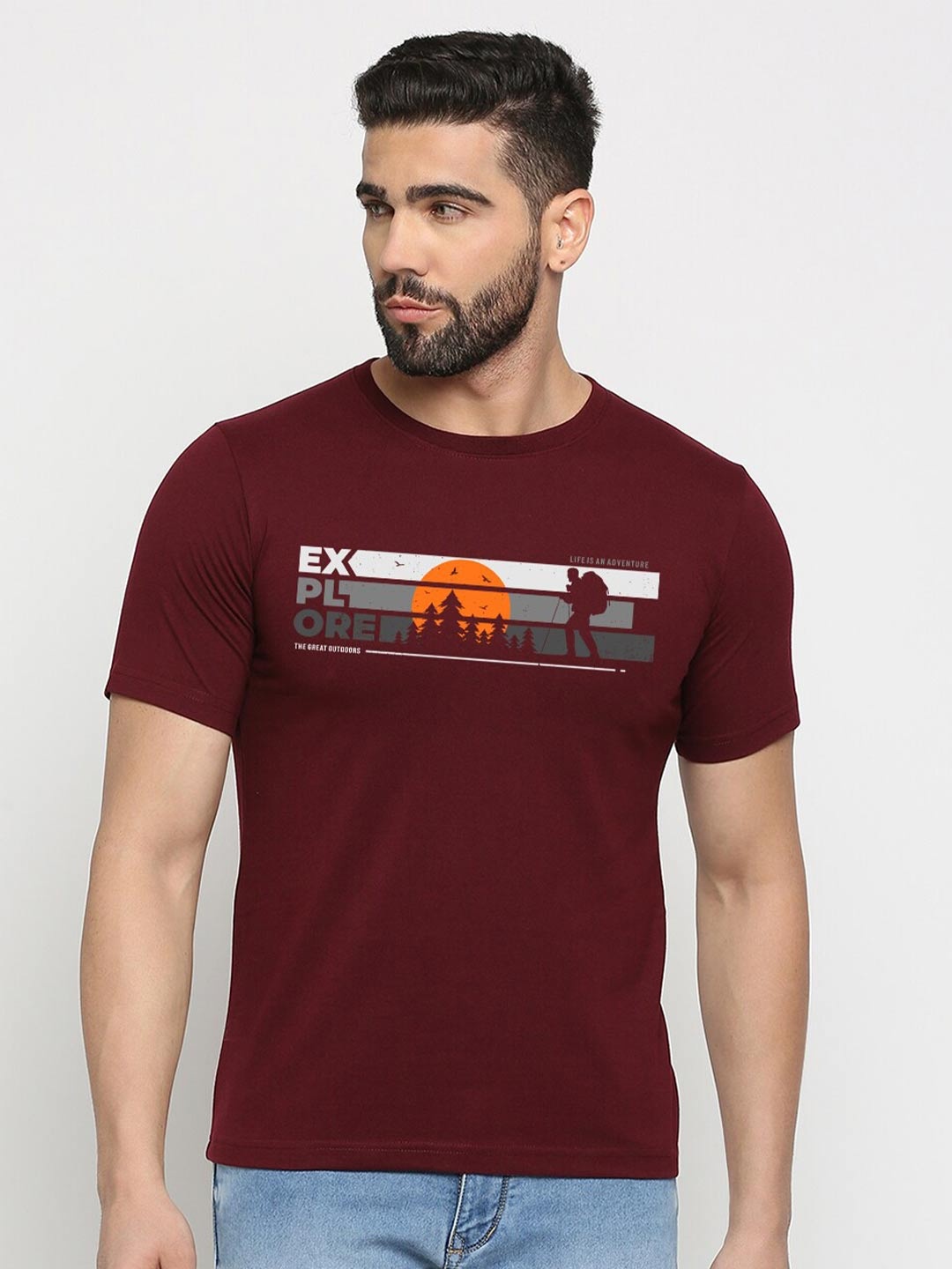 

MOD ECRU Unisex Graphic Printed Round Neck Cotton T-shirt, Maroon