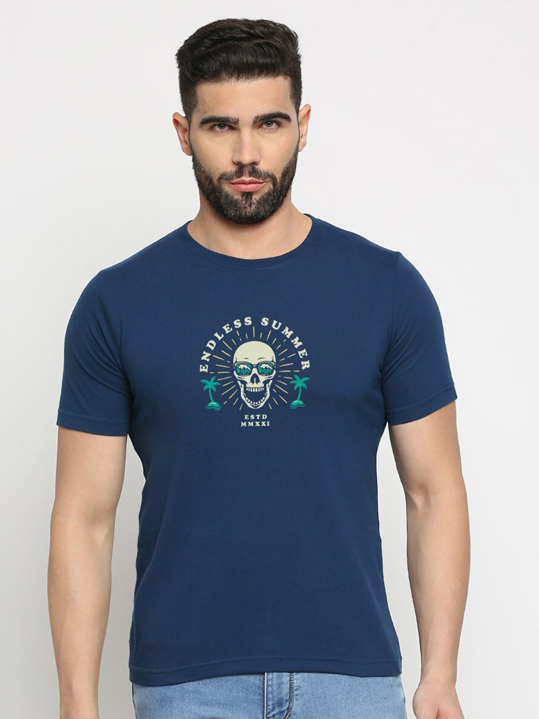 

MOD ECRU Unisex Graphic Printed Round Neck Cotton T-shirt, Blue