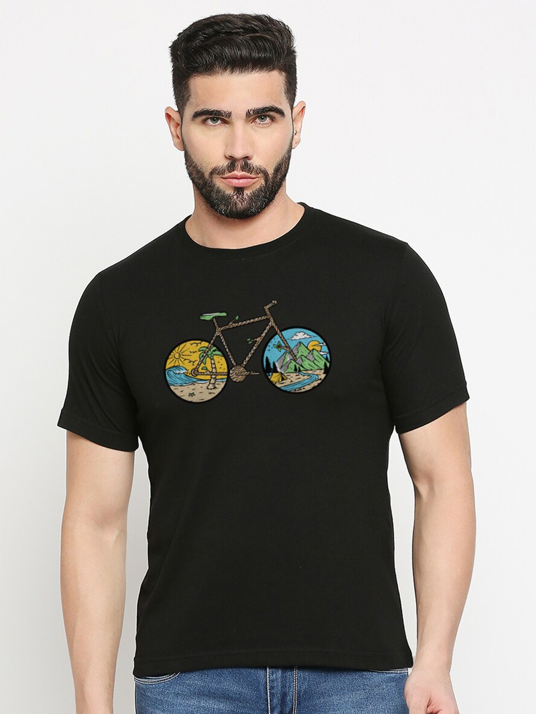 

MOD ECRU Unisex Graphic Printed Round Neck Cotton T-shirt, Black