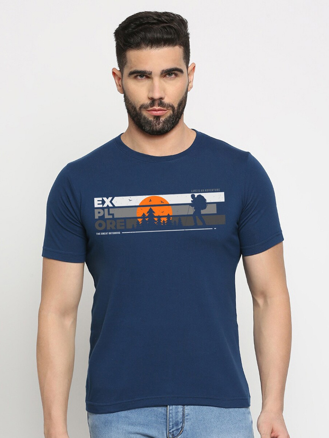 

MOD ECRU Unisex Graphic Printed Round Neck Cotton T-shirt, Blue