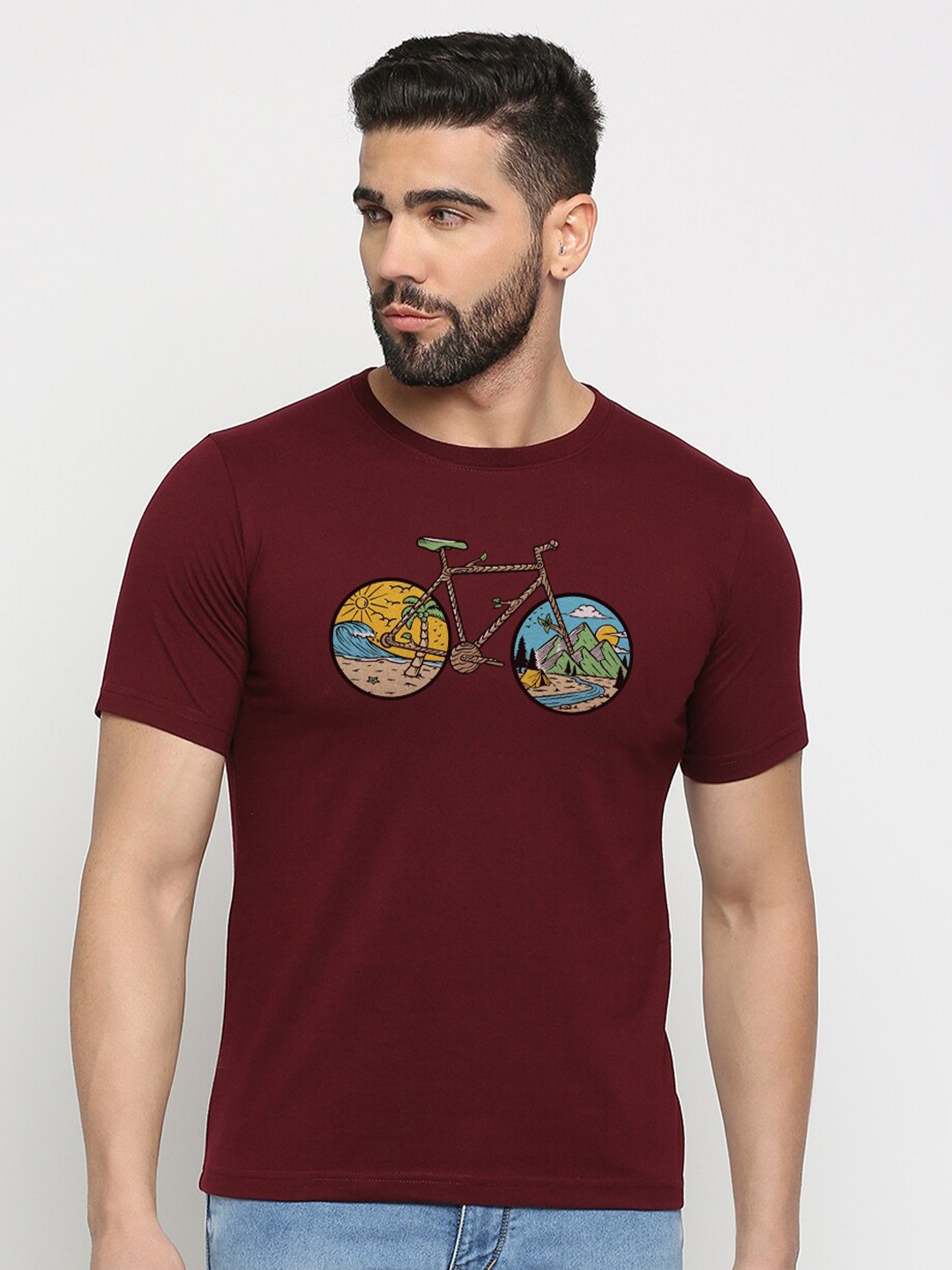 

MOD ECRU Graphic Printed Round Neck Cotton T-shirt, Maroon
