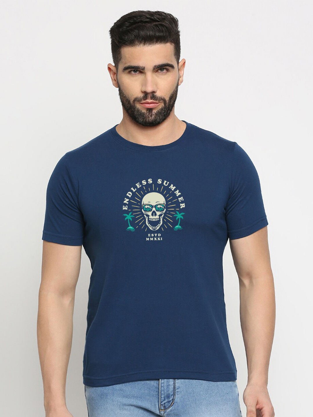 

MOD ECRU Unisex Graphic Printed Round Neck Cotton T-shirt, Blue
