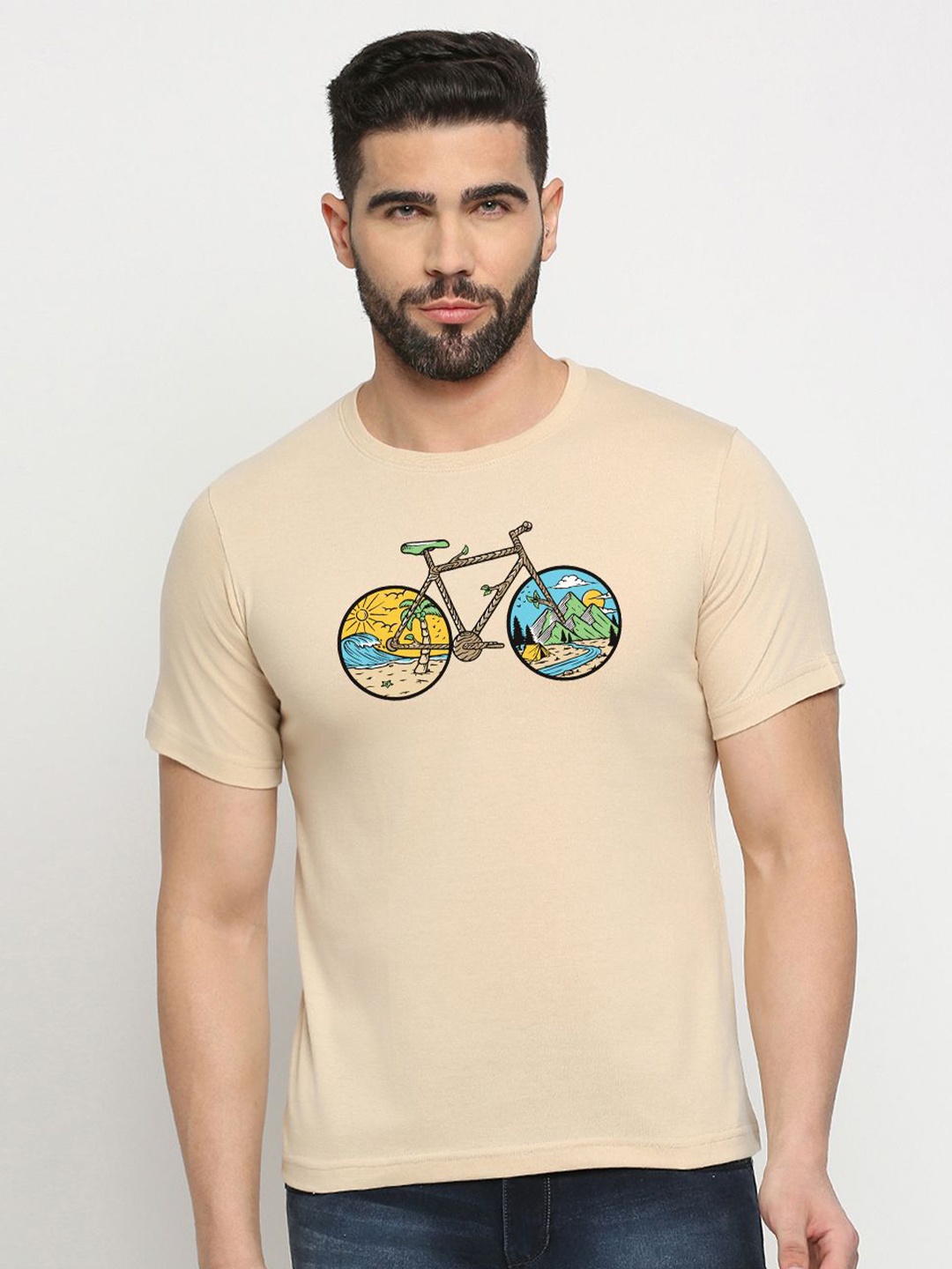 

MOD ECRU Unisex Graphic Printed Round Neck Cotton T-shirt, Cream