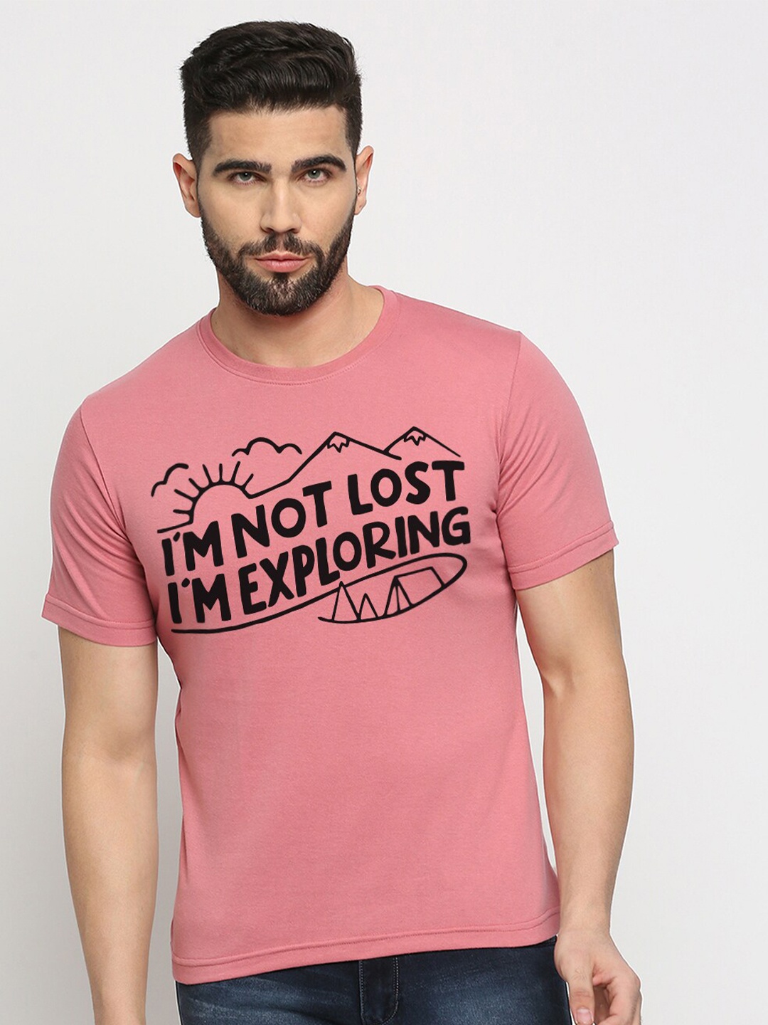 

MOD ECRU Round Neck Typography Printed Cotton T-shirt, Pink