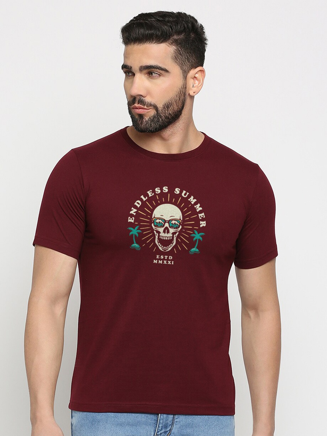 

MOD ECRU Unisex Graphic Printed Round Neck Cotton T-shirt, Maroon