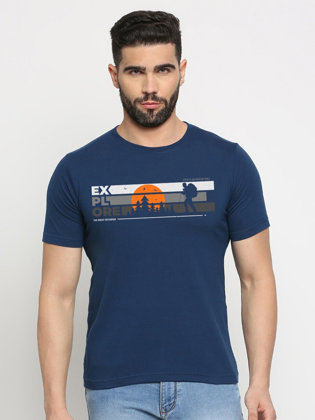

MOD ECRU Unisex Graphic Printed Round Neck Cotton T-shirt, Blue