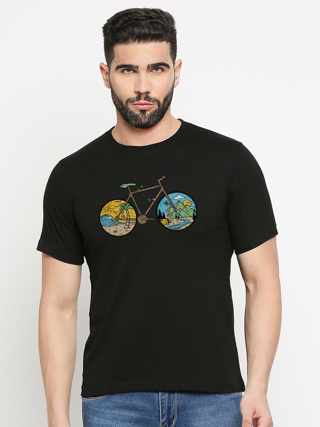 

MOD ECRU Unisex Graphic Printed Round Neck Cotton T-shirt, Black