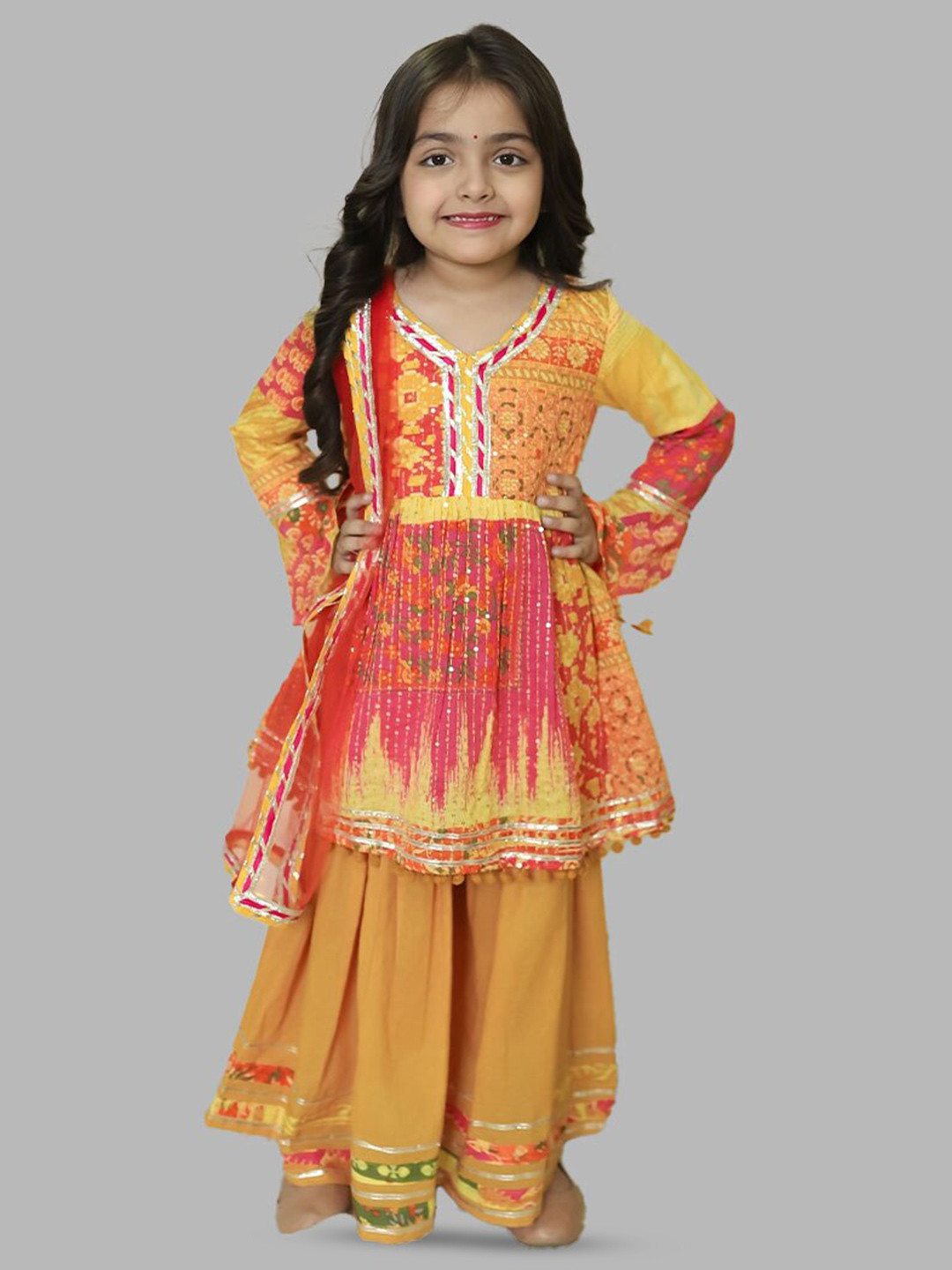 

Folk Culture Clothing Girls Printed V-Neck Anarkali Kurta With Sharara & Dupatta, Yellow