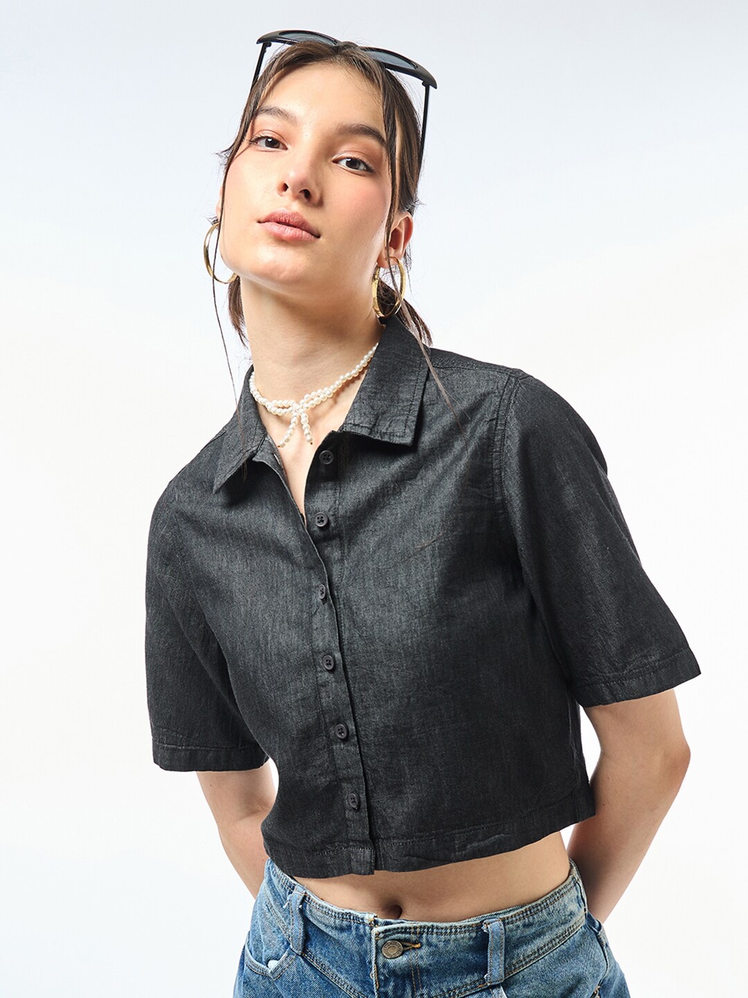 

Bewakoof Solid Cotton Shirt Style Crop Top, Black