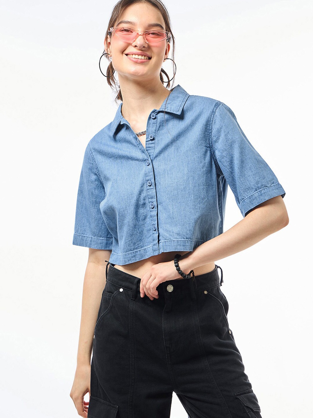 

Bewakoof Solid Cotton Shirt Style Crop Top, Blue