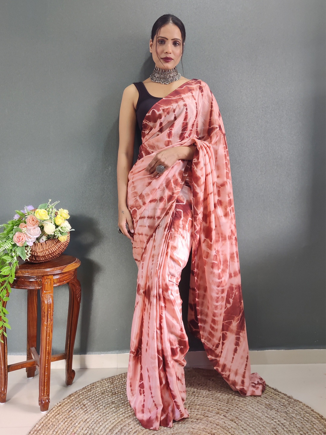 

AWRIYA Tie and Dye Pure Chiffon Saree, Peach