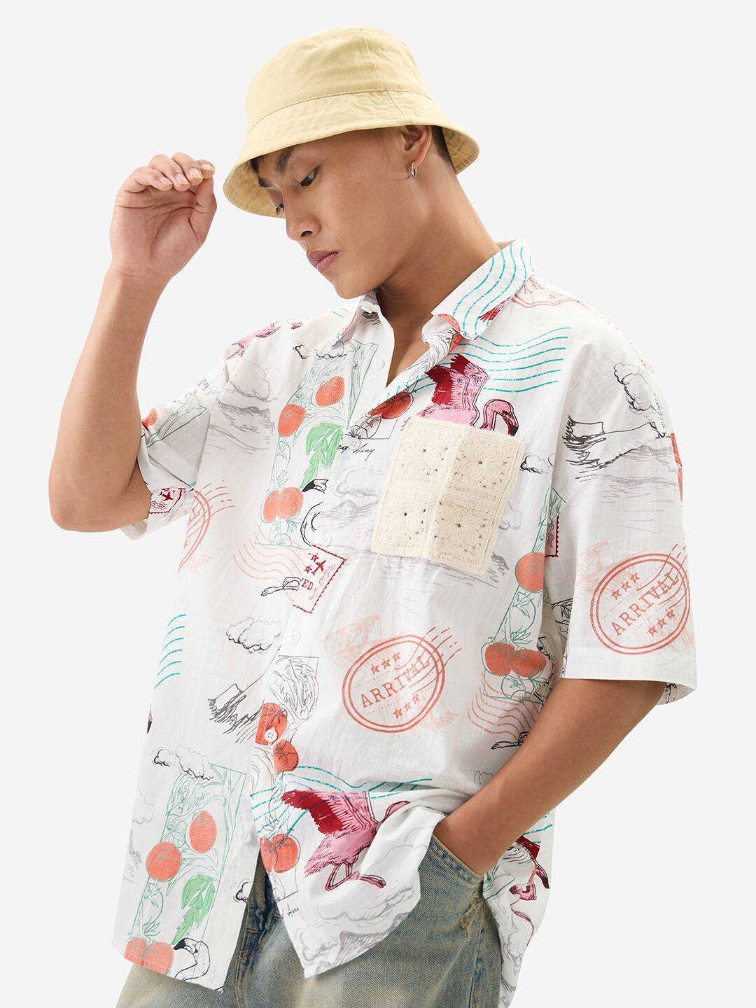 

The Souled Store Graphic Printed Short Sleeves Spread Collar Oversized Cotton Casual Shirt, White