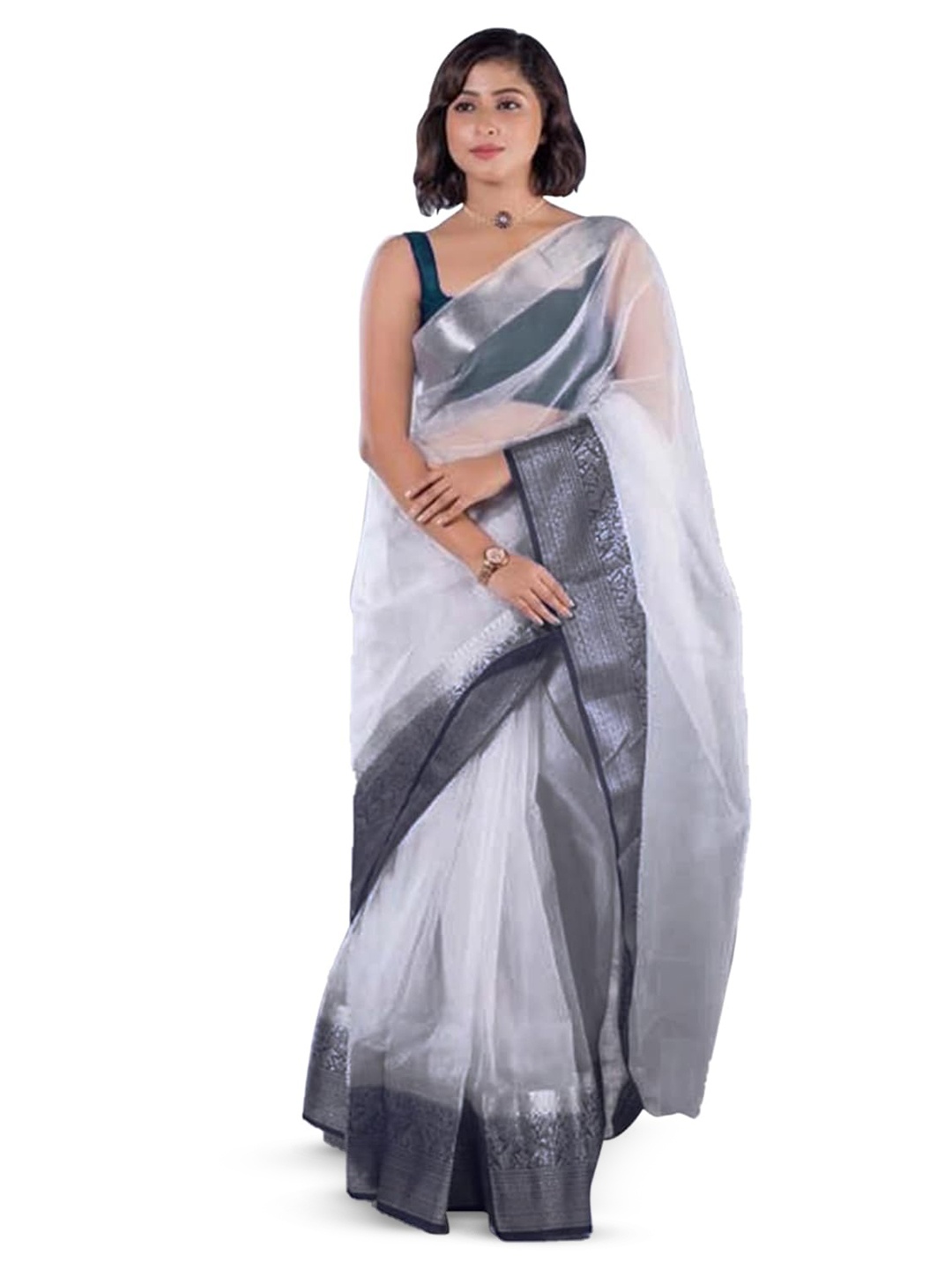 

AWRIYA Zari Organza Saree, White