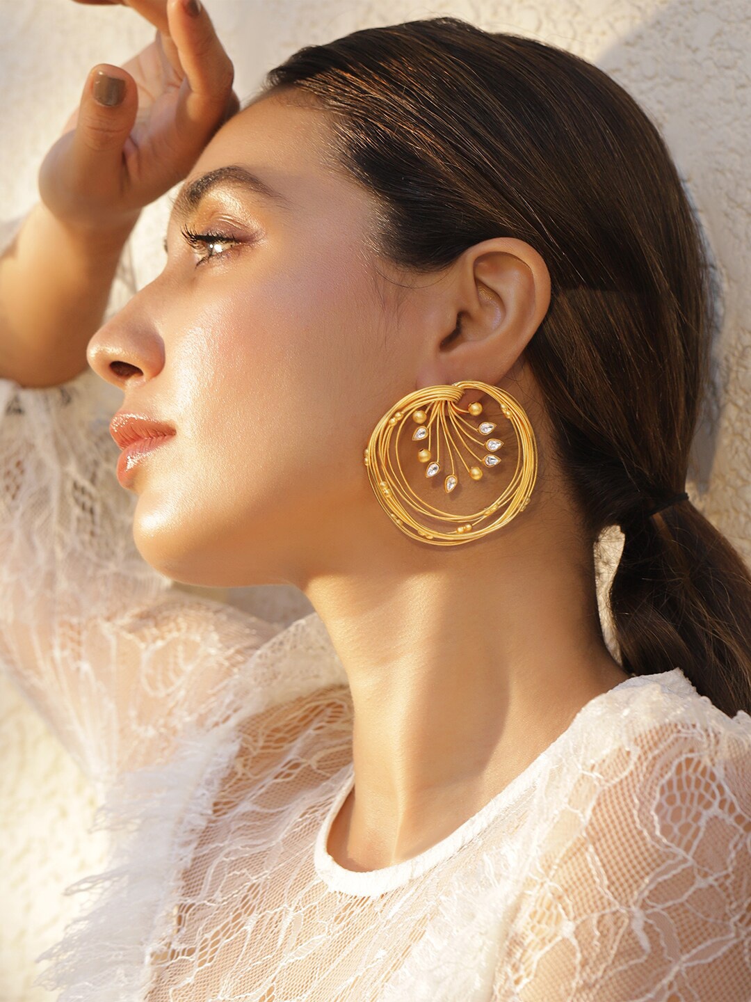 

Rubans 22K Gold Plated Kundan Studded & Gold Beads Leaf Design Stylish Round Hoop Earrings
