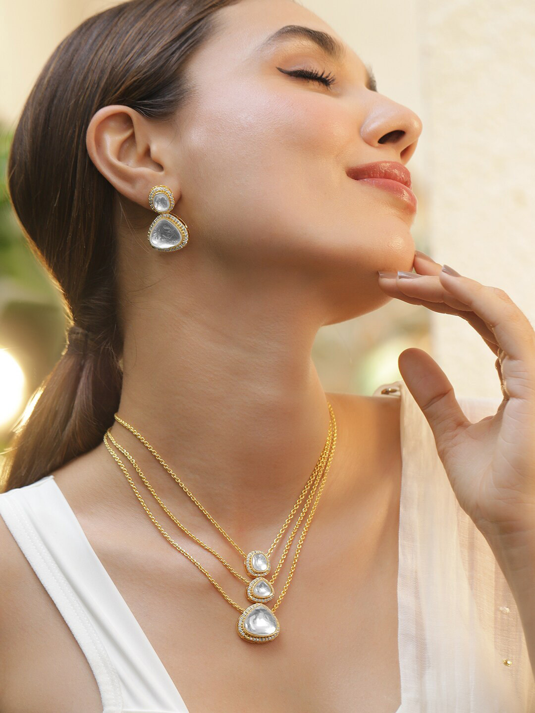 

Rubans 22K Gold Plated Luxury High Quality Polki & CZ Studded Multilayered Necklace Set