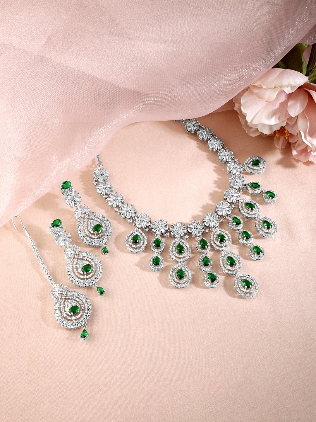 

Rubans Rhodium Plated Luxury Cubic Zirconia And Emerald Studed Necklace Set With Maangtika, Silver