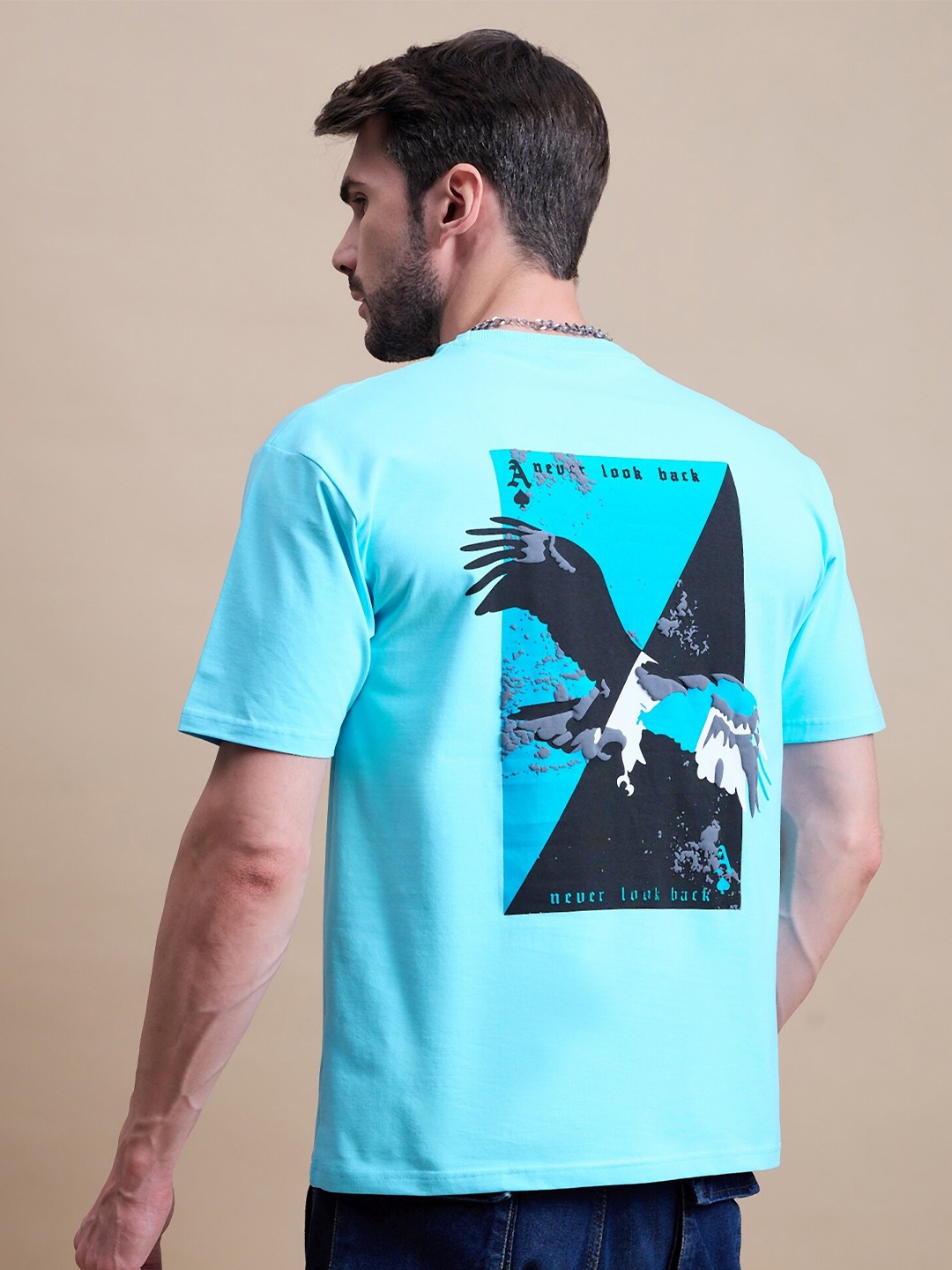 

REPRISE Men Round Neck Typography Printed T-shirt, Turquoise blue