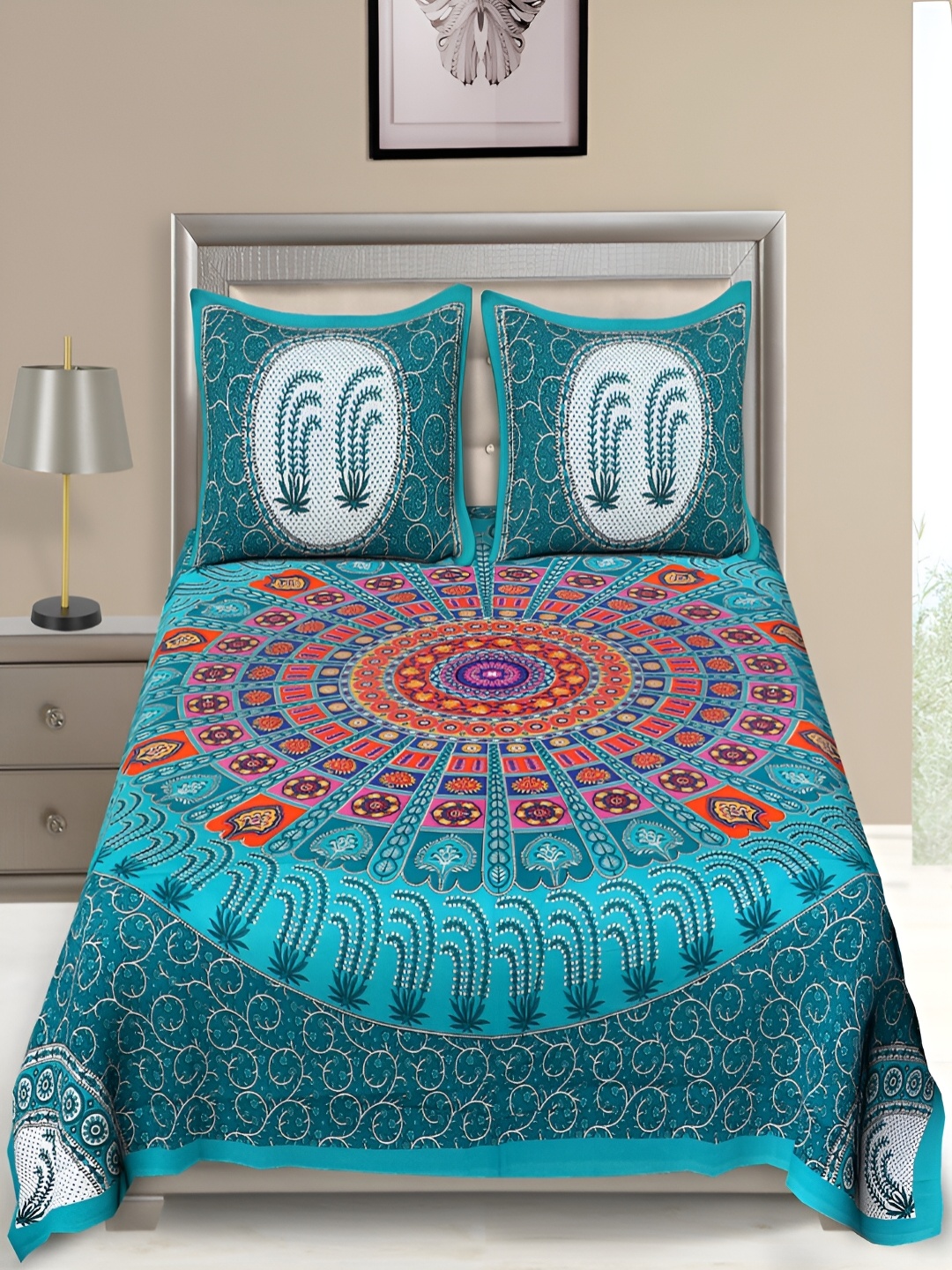 

Aura Turquoise Blue Ethnic Motifs Printed Cotton 120 TC Queen Bedsheet & 2 Pillow Covers