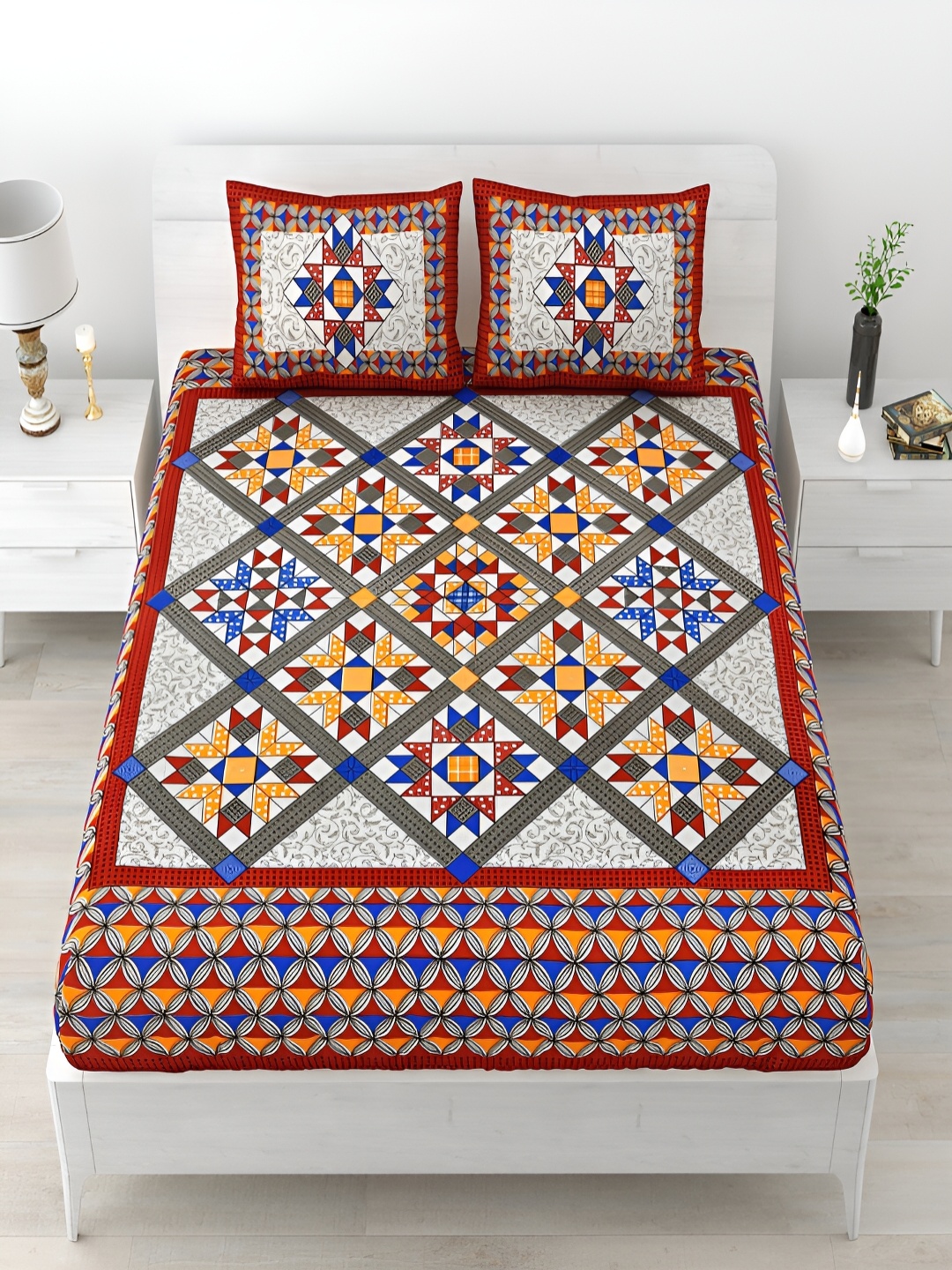 

Aura Red & White Geometric Cotton 120 TC Queen Double Bedsheet With 2 Pillow Covers