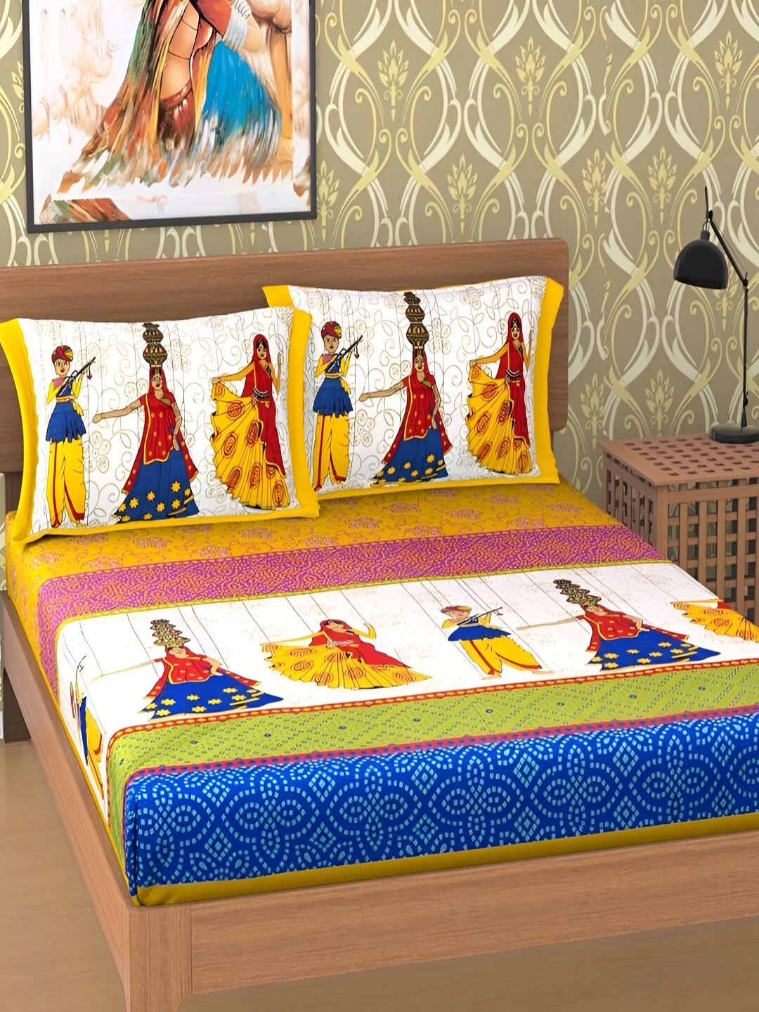 

Aura Yellow & White Ethnic Motifs Cotton 120 TC Queen Double Bedsheet With 2 Pillow Covers