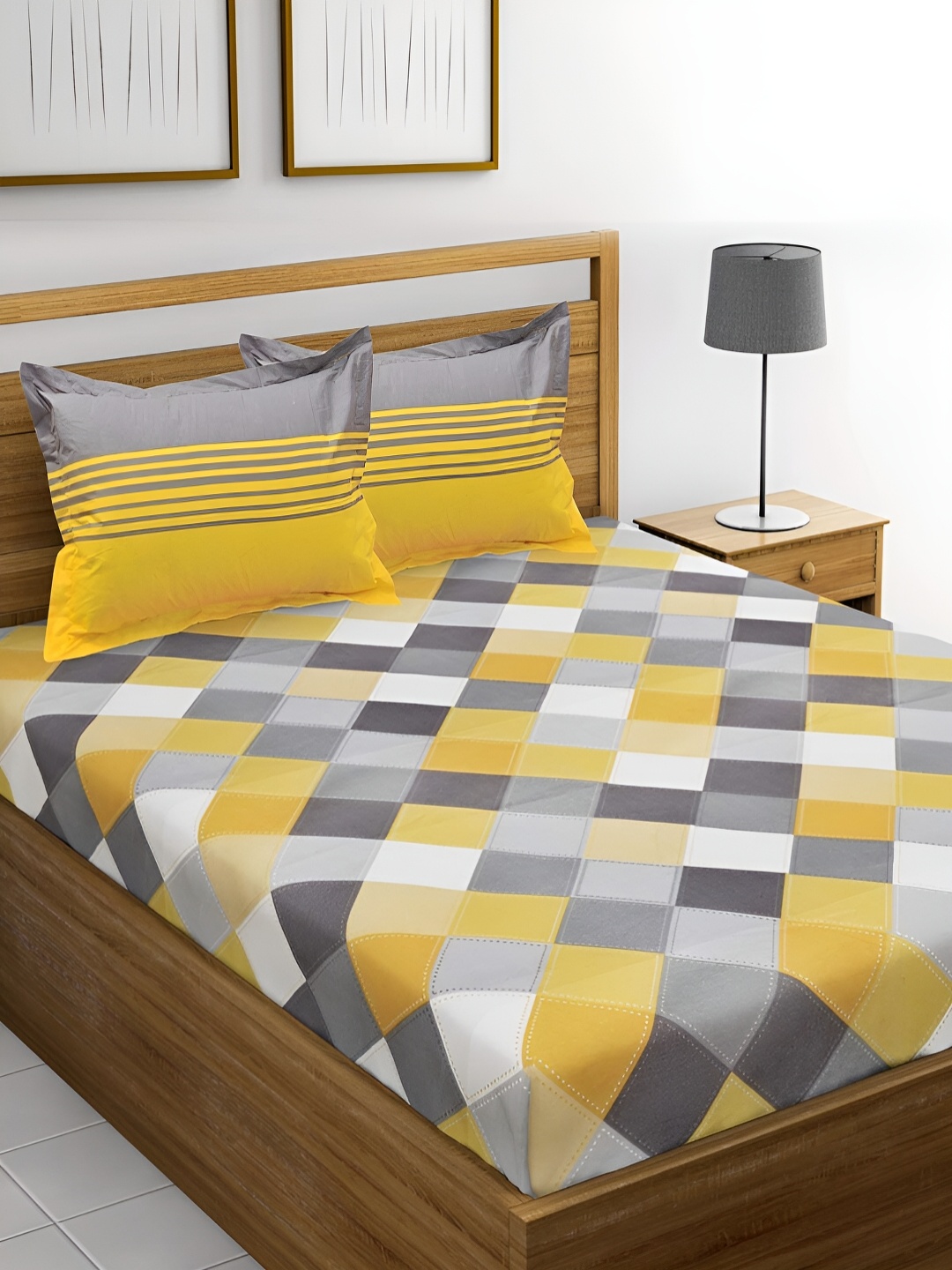 

Aura Grey & White Geometric Cotton 120 TC Queen Bedsheet with 2 Pillow Covers