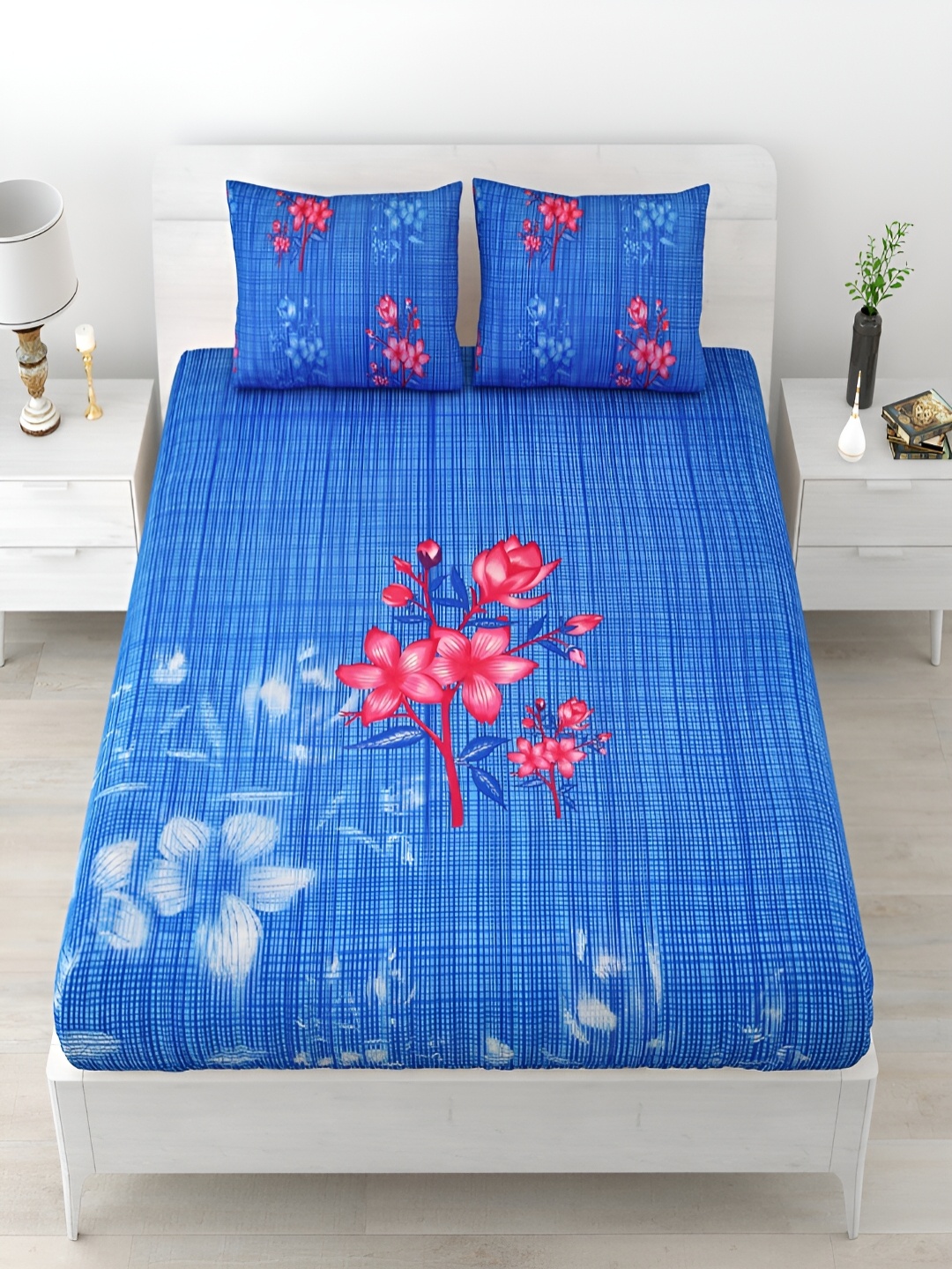 

Aura Blue & Pink Floral Cotton 120 TC Queen Bedsheet with 2 Pillow Covers