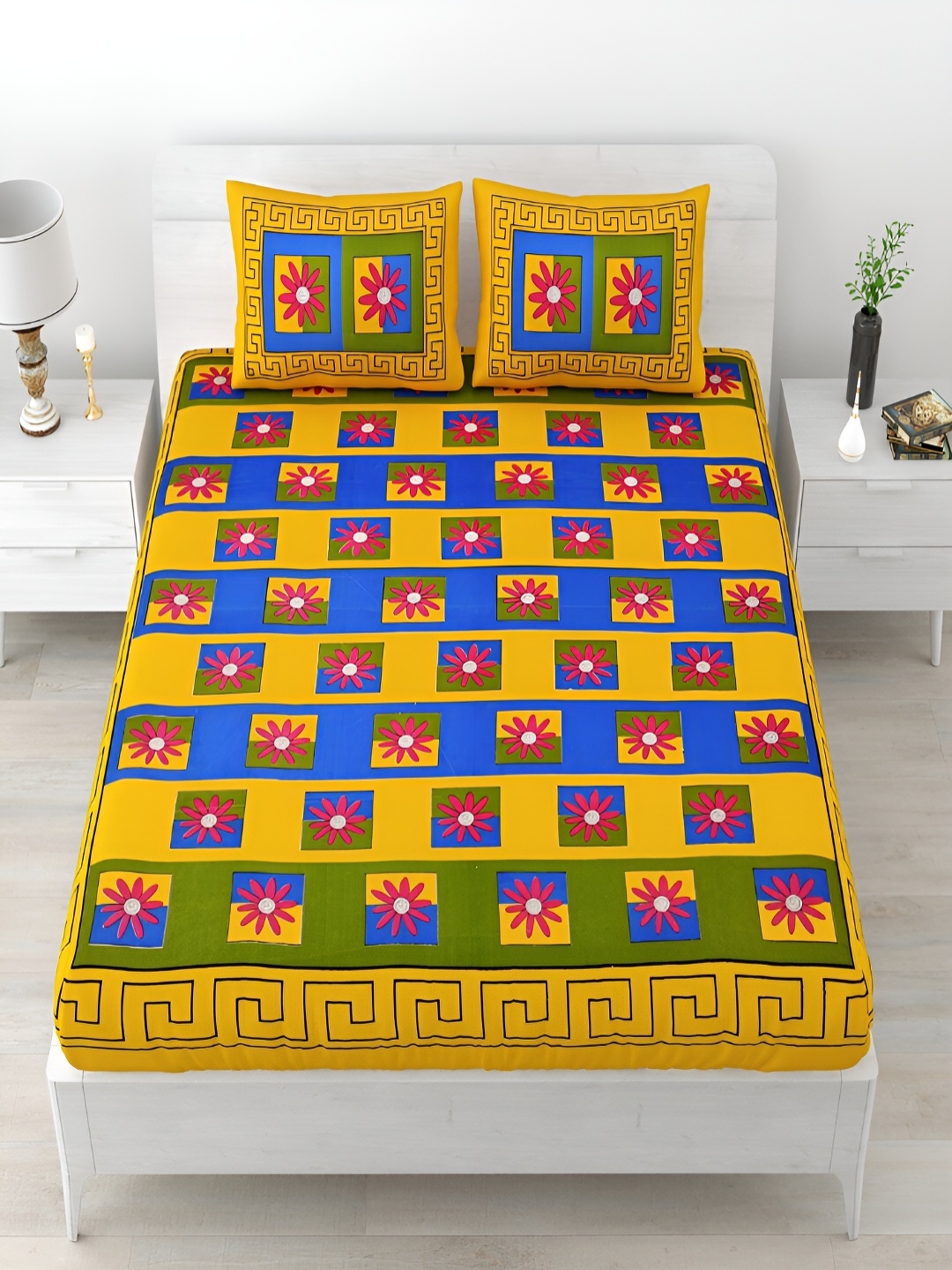 

Aura Yellow & Blue Floral Cotton 120 TC Queen Bedsheet with 2 Pillow Covers