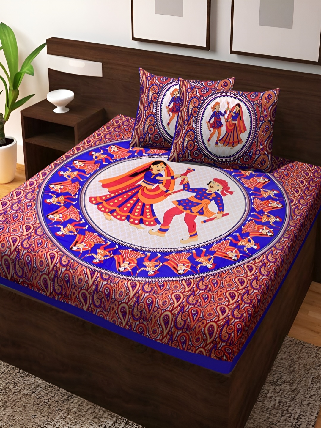 

Aura Blue & Red Ethnic Motifs Cotton 120 TC Queen Bedsheet with 2 Pillow Covers