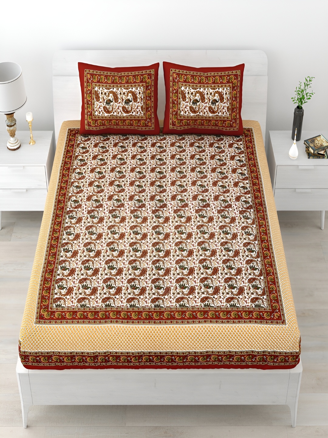 

Aura Maroon & White Ethnic Motifs Cotton 120 TC Queen Bedsheet With 2 Pillow Covers