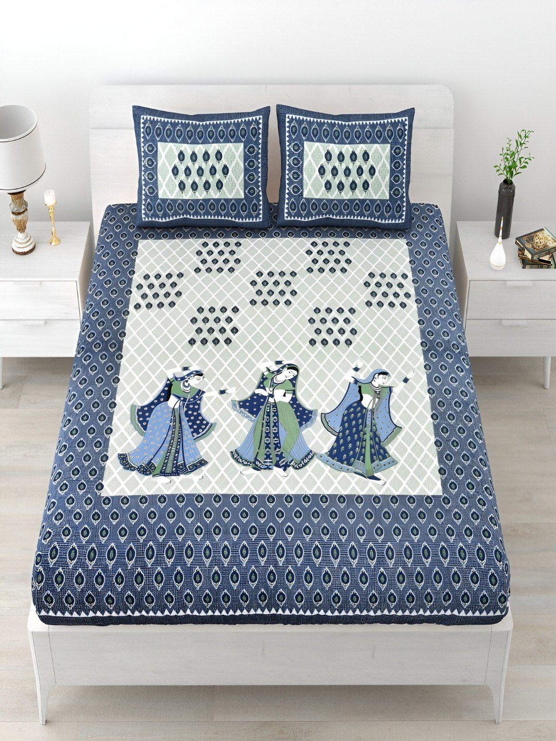 

Aura White & Blue Ethnic Motifs Cotton 120 TC Queen Bedsheet with 2 Pillow Covers