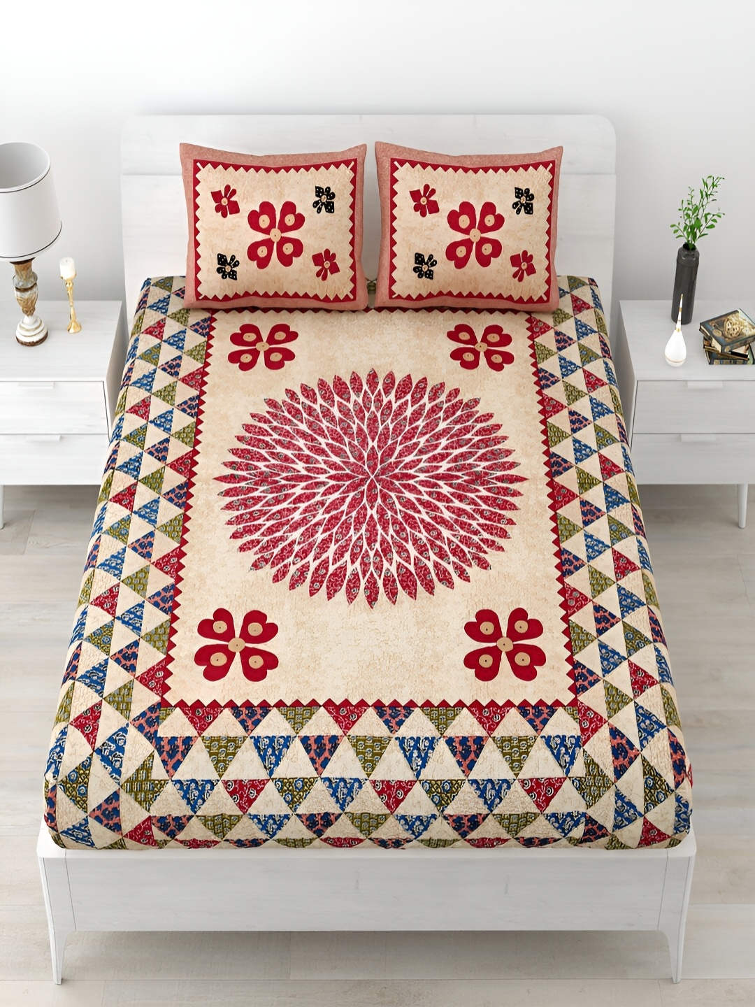 

Aura Red & Peach Ethnic Motifs Cotton 120 TC Queen Double Bedsheet With 2 Pillow Covers