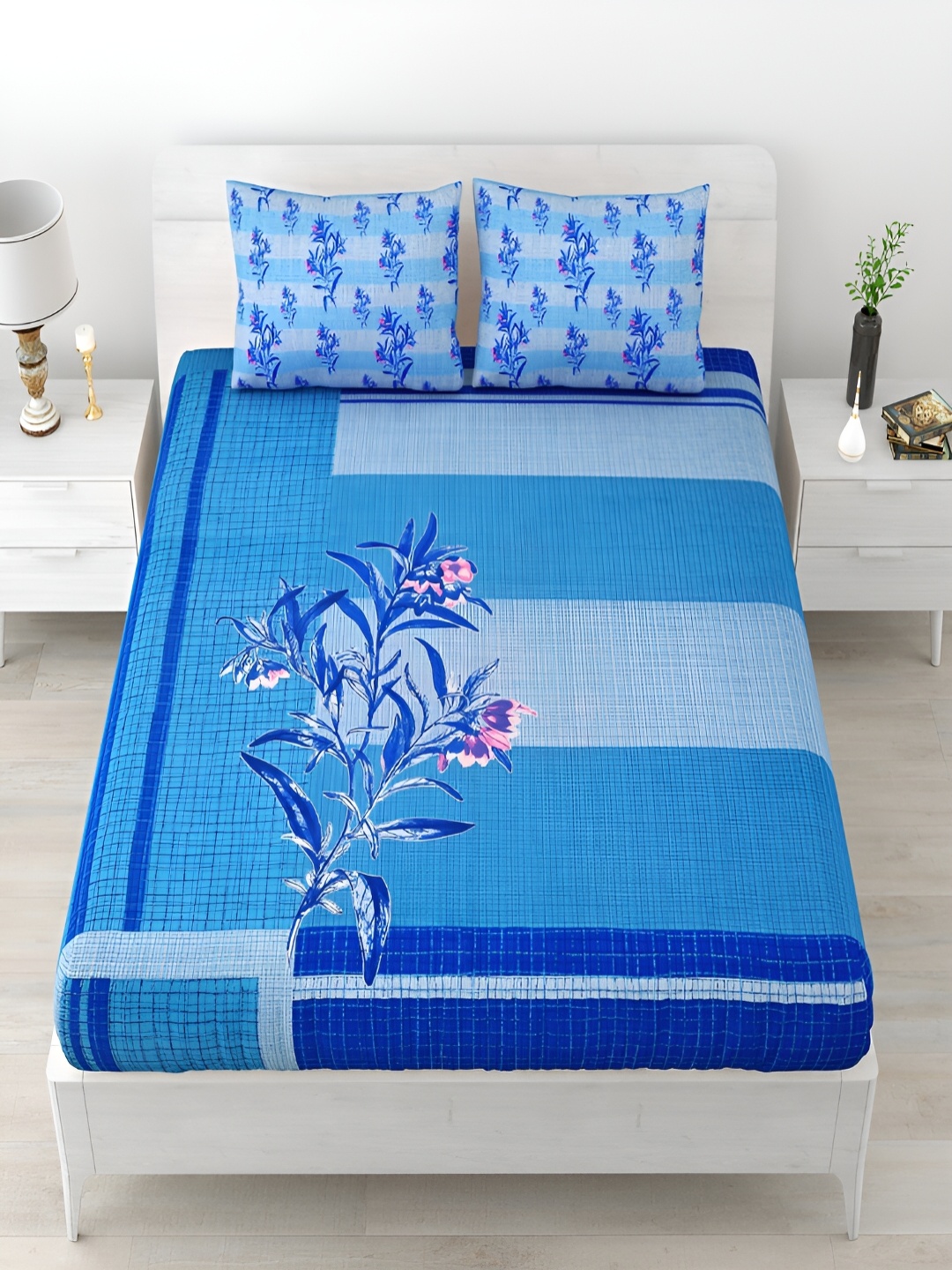 

Aura Blue & Pink Floral Cotton 120 TC Queen Double Bedsheet With 2 Pillow Covers