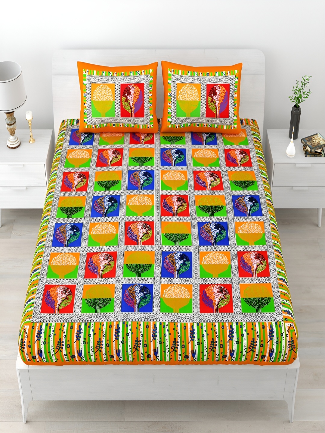 

Aura Orange & Green Abstract Cotton 120 TC Queen Bedsheet with 2 Pillow Covers