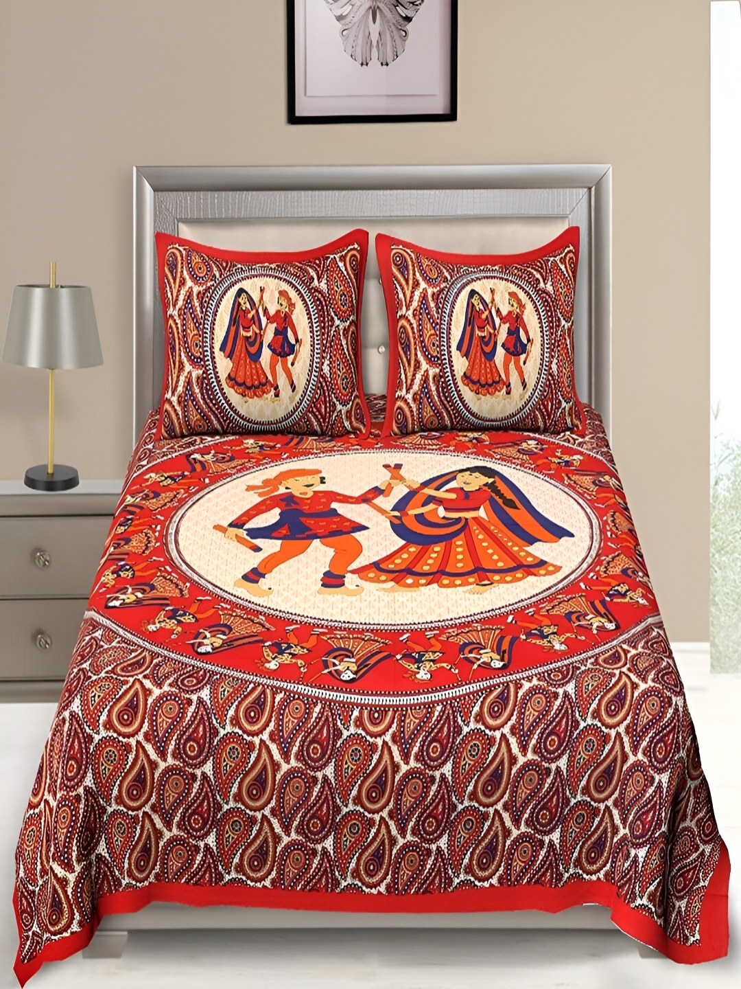 

Aura Red & Blue Ethnic Motifs Cotton 120 TC Queen Bedsheet with 2 Pillow Covers