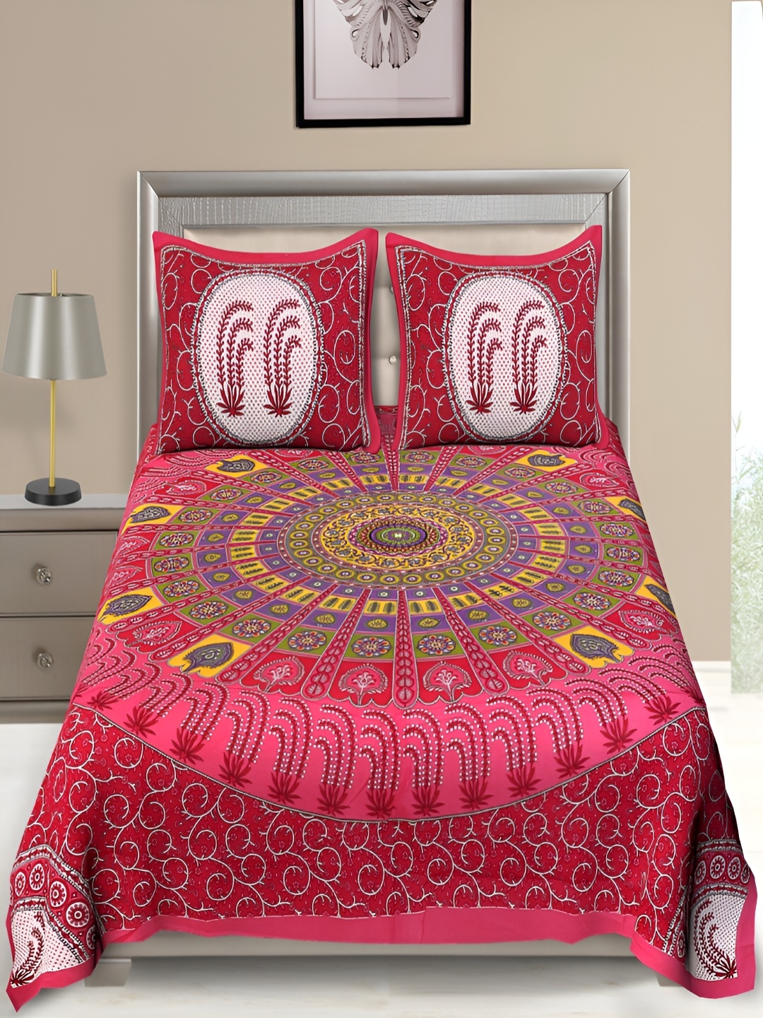 

Aura Pink & White Ethnic Motifs Cotton 120 TC Queen Bedsheet with 2 Pillow Covers