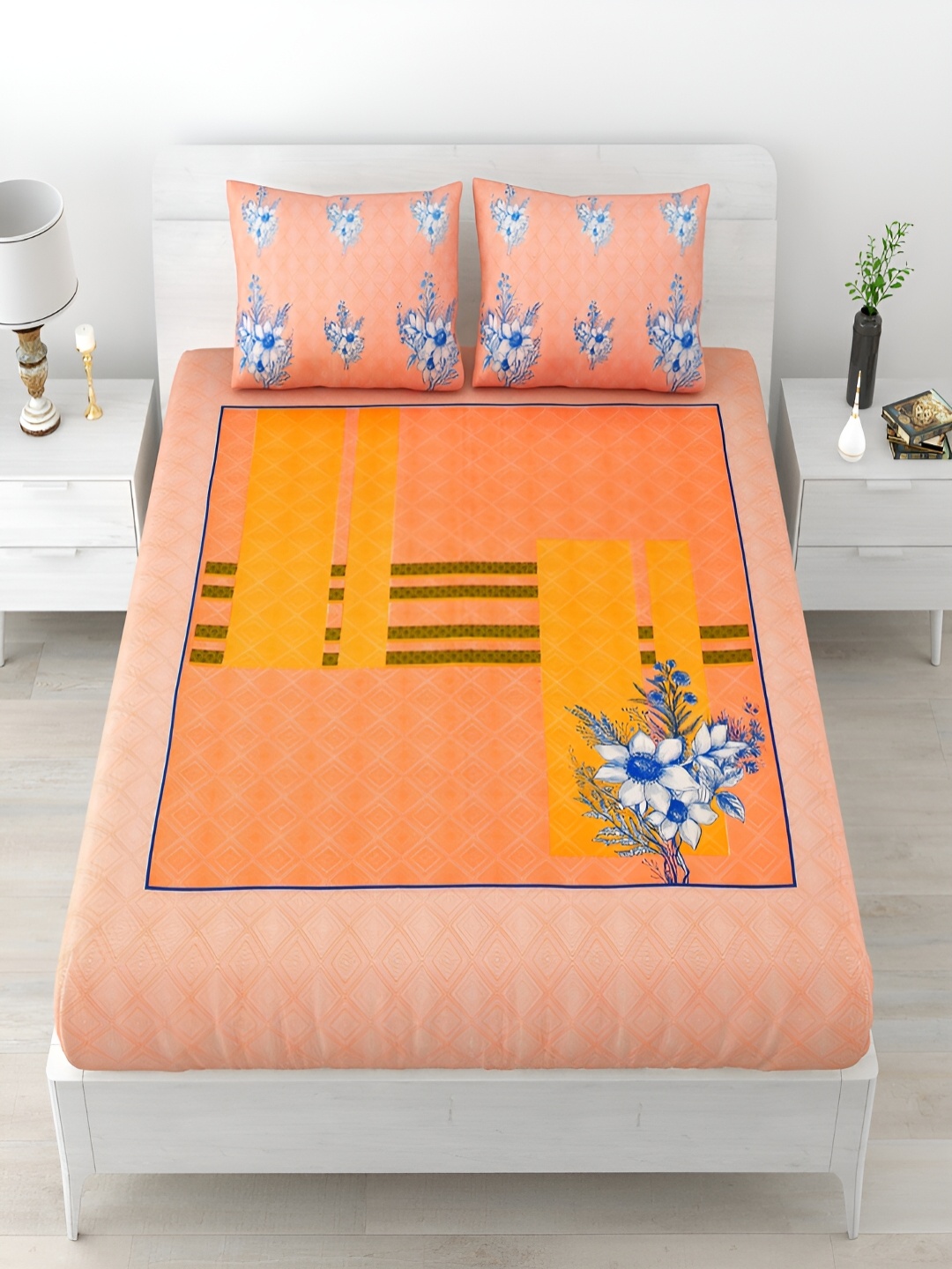 

Aura Peach-Coloured Floral Printed Cotton 120 TC Queen Bedsheet with 2 Pillow Covers
