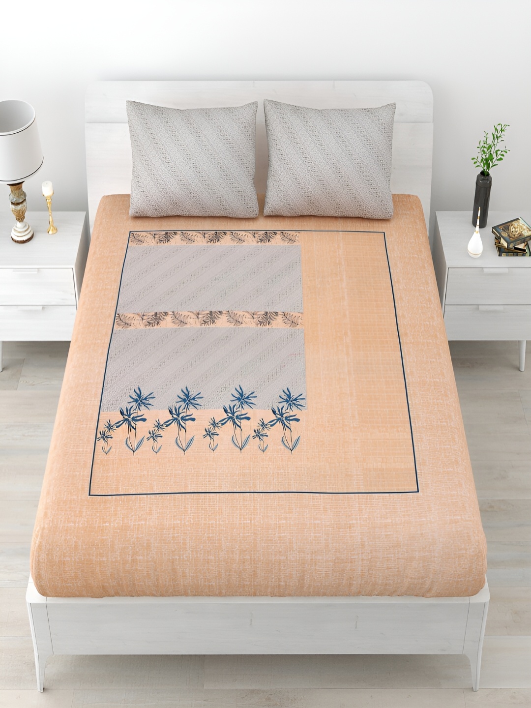 

Aura Peach-Coloured & Grey Floral Cotton 120 TC Queen Bedsheet with 2 Pillow Covers