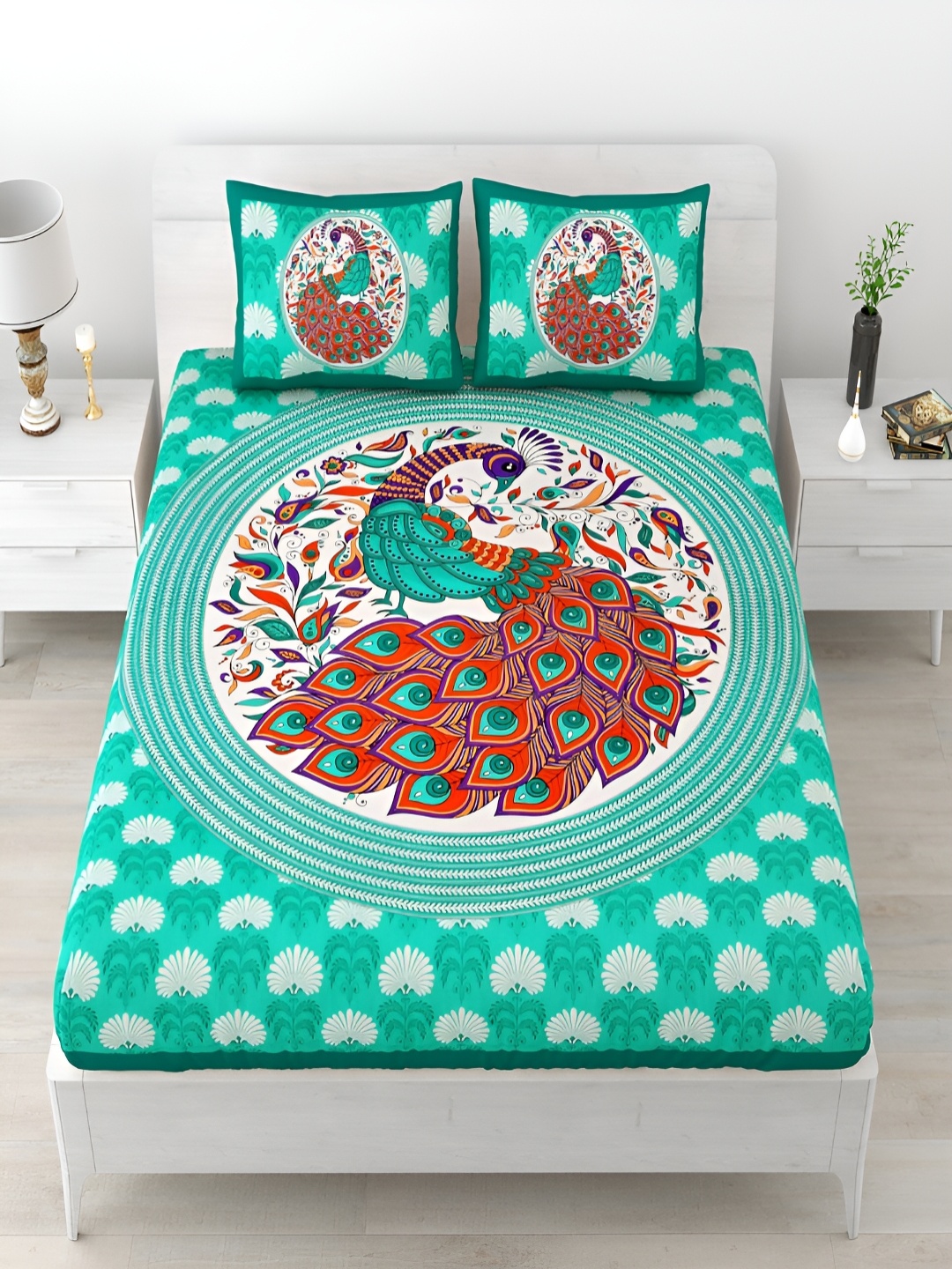 

Aura Turquoise Blue & Red Ethnic Motifs Cotton 120 TC Queen Bedsheet With 2 Pillow Covers