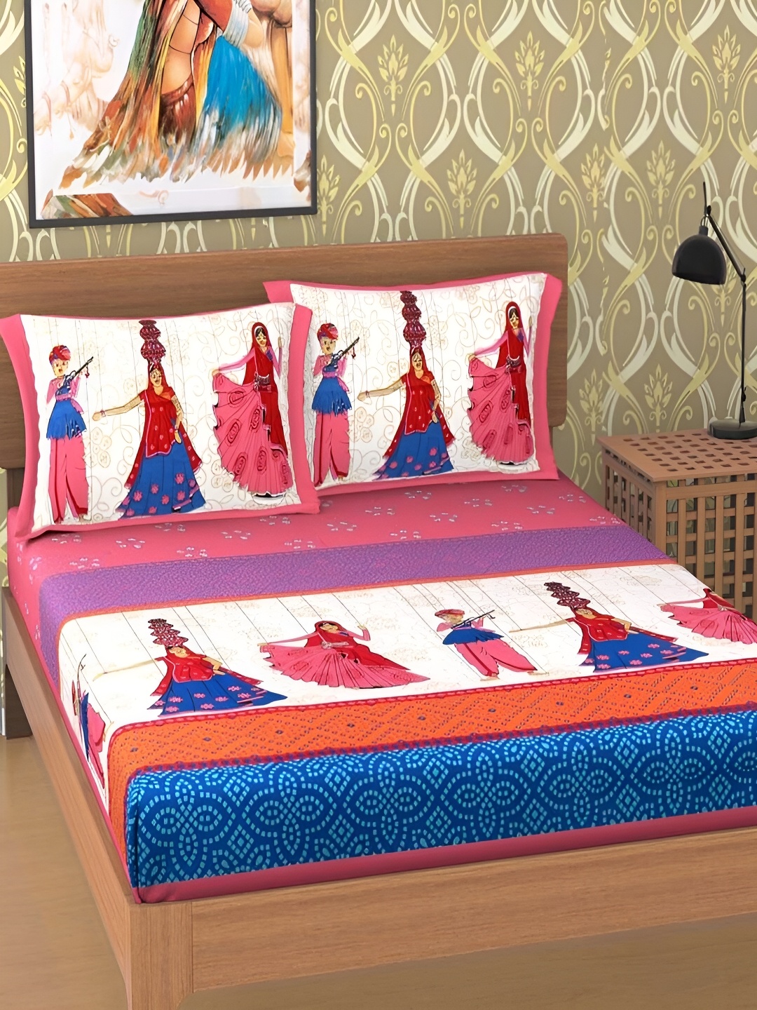 

Aura Pink & White Ethnic Motifs Cotton 120 TC Queen Bedsheet with 2 Pillow Covers