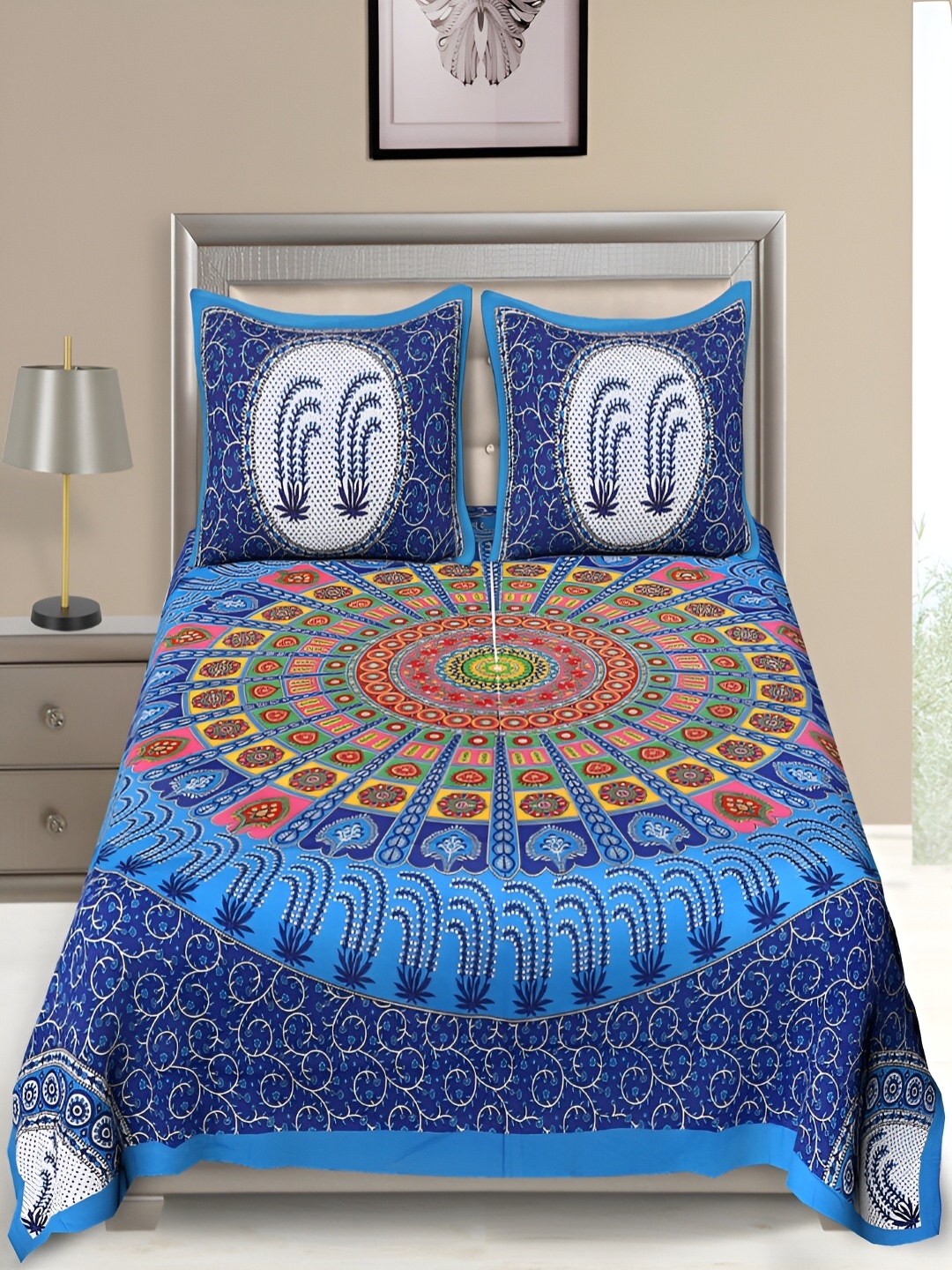 

Aura Blue & Red Ethnic Motifs Cotton 120 TC Queen Double Bedsheet With 2 Pillow Covers